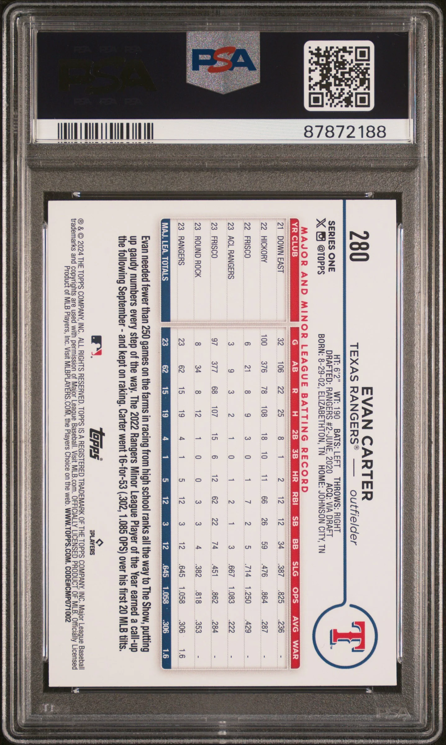 2024 Topps Series 1 Evan Carter #280 RC PSA 10 - Image 2