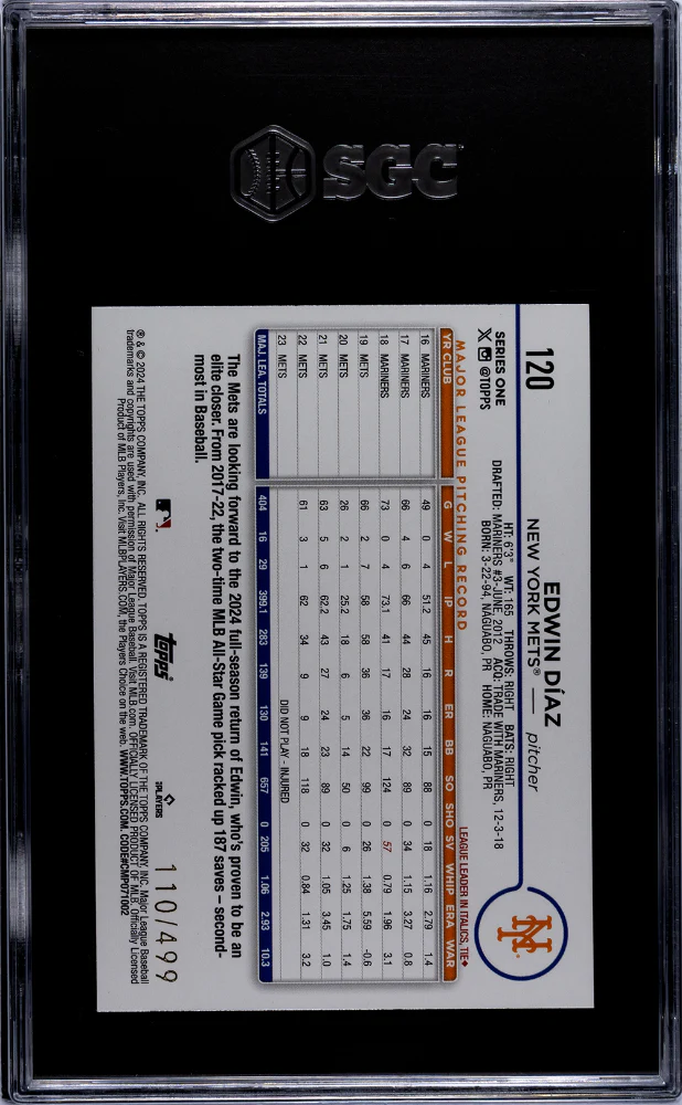 2024 Topps Series 1 Green Crackle Foilboard Edwin Diaz #120 /499 SGC 10 - Image 2