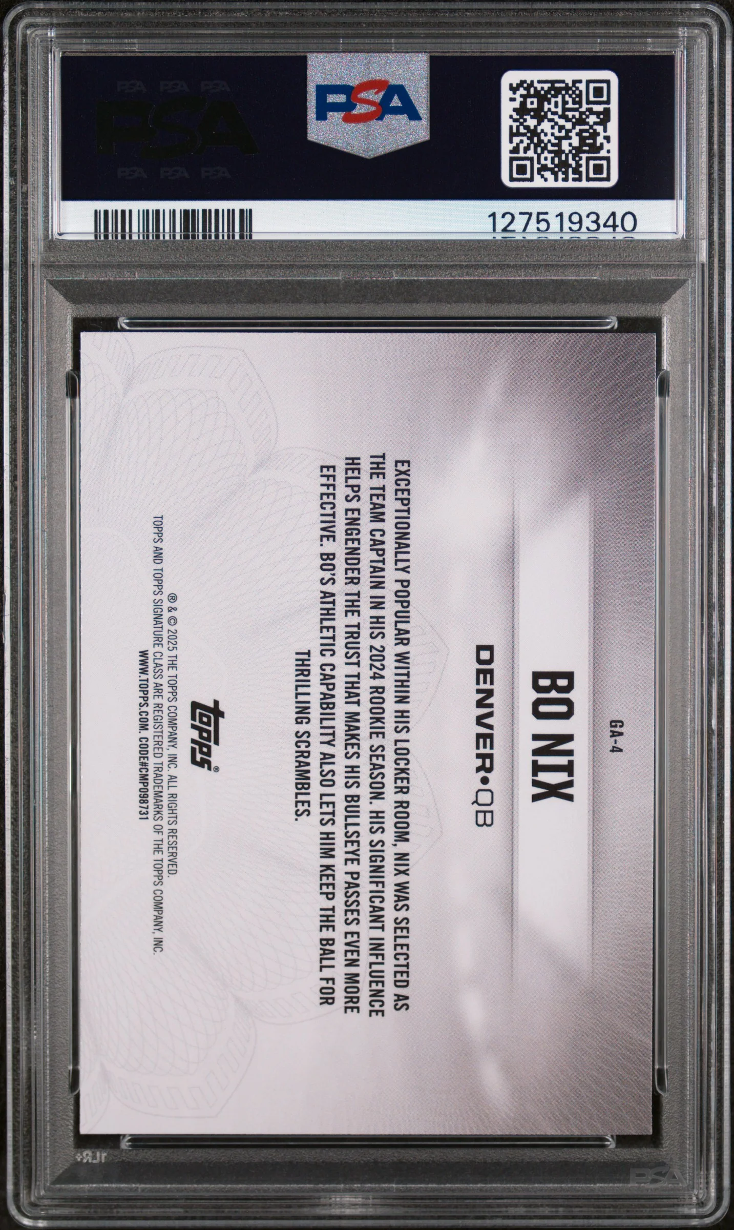 2024 Topps Signature Class Gridiron Ambassadors Purple Bo Nix #GA4 /100 PSA 9 - Image 2