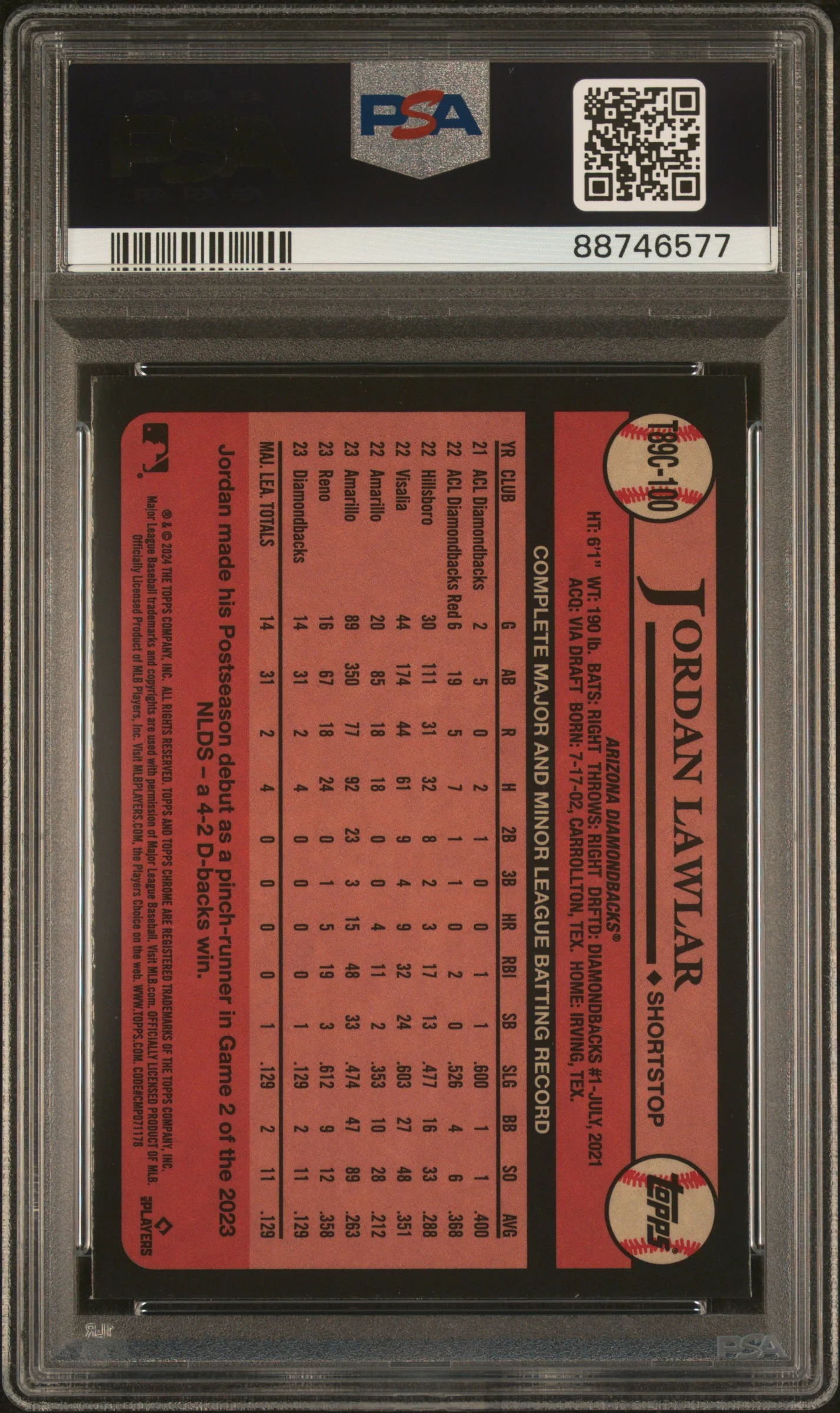 2024 Topps Silver Pack Jordan Lawlar #T89C100 RC PSA 10 - Image 2