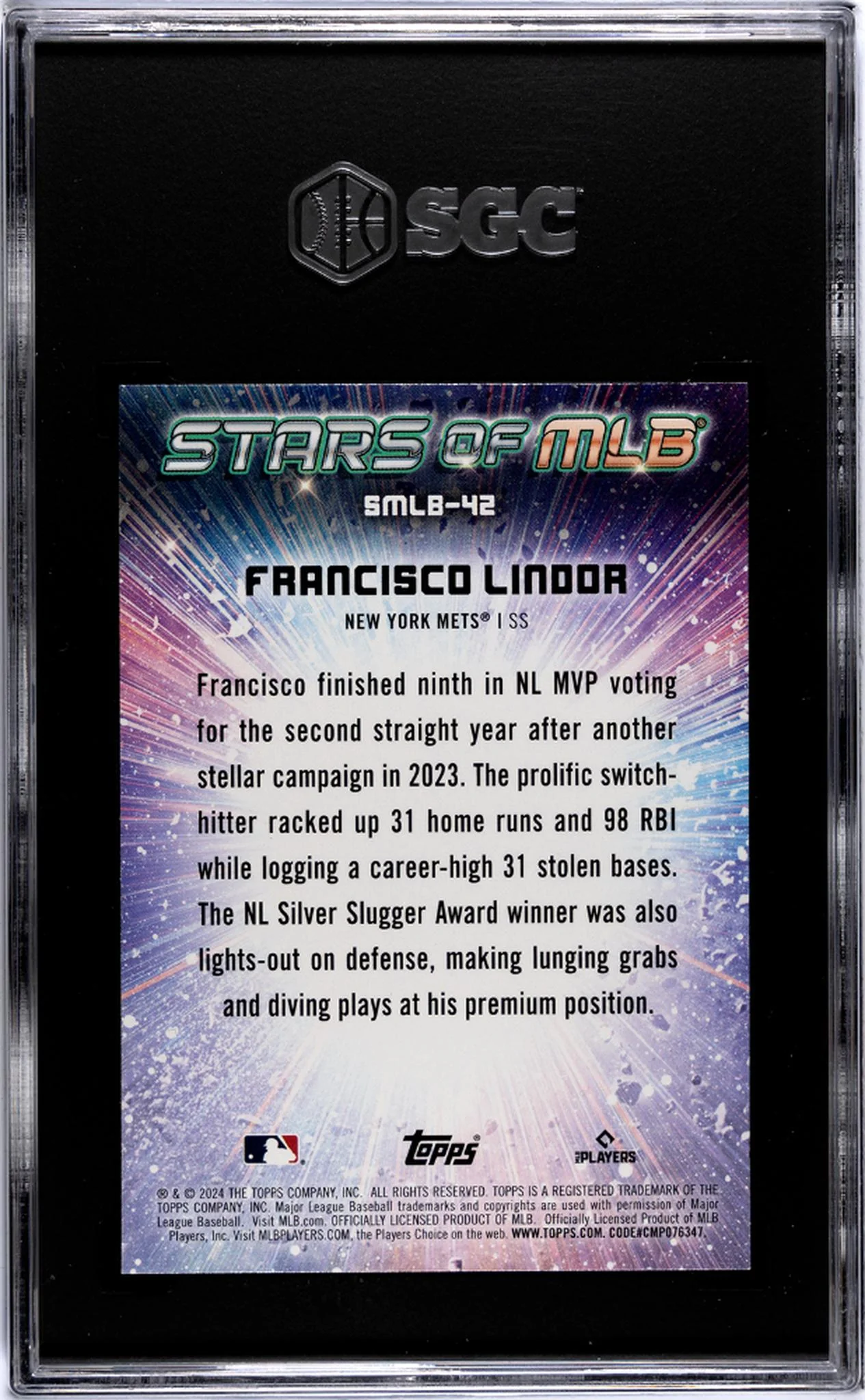 2024 Topps #SMLB-42 Francisco Lindor Stars of MLB SGC 10 - Image 2