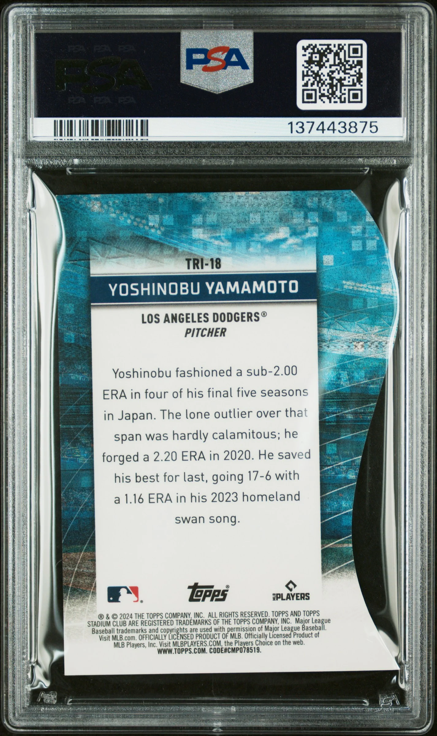 2024 Topps Stadium Club Triumvirates Yoshinobu Yamamoto #TRI18 PSA 9 - Image 2