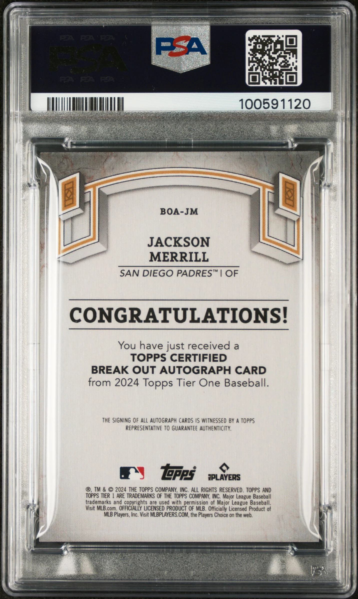 2024 Topps Tier One Red Foil Jackson Merrill #BOAJM Auto /25 PSA 10 - Image 2