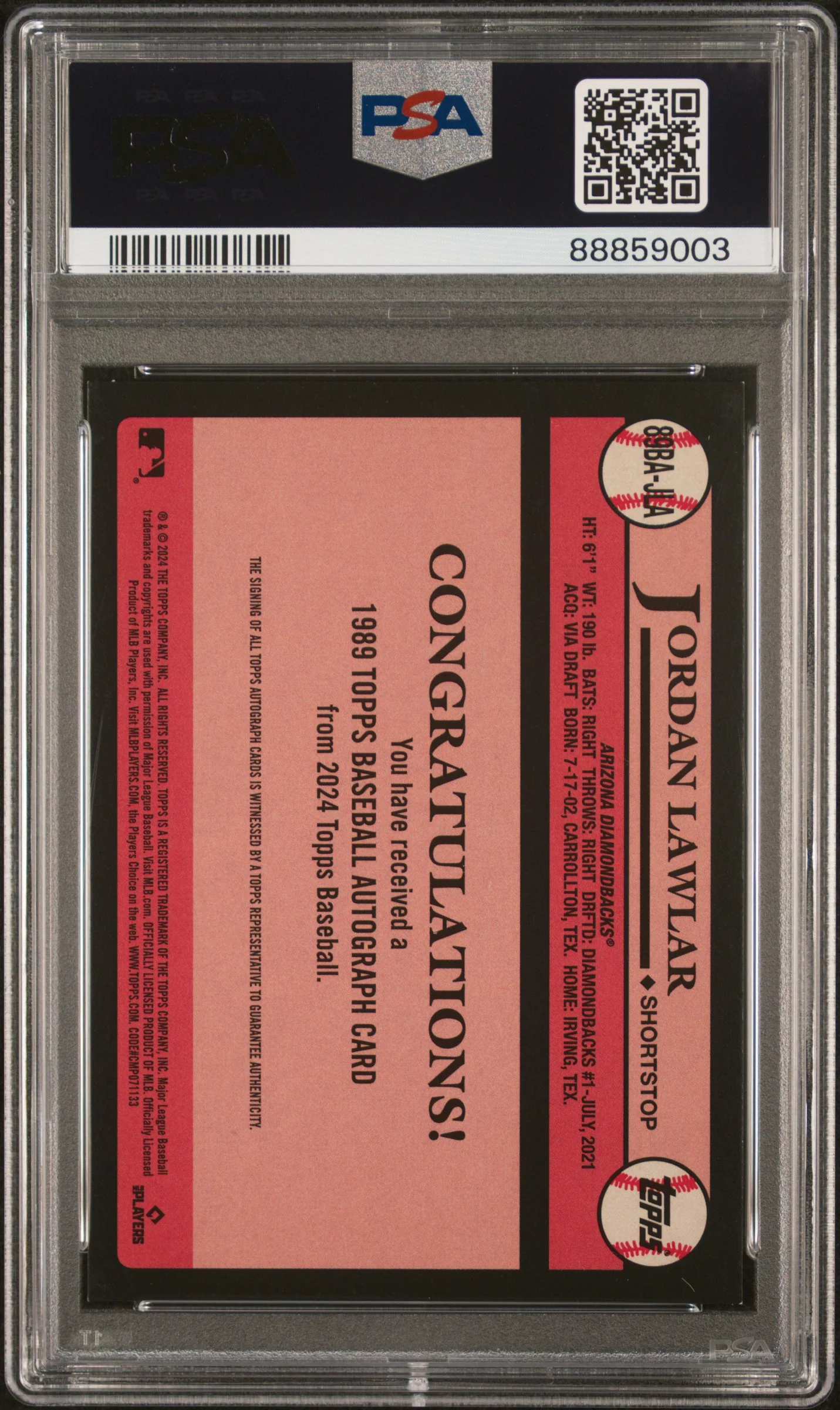 2024 Topps 1989 Autograph Jordan Lawlar #89BAJLA RC PSA 8.5 - Image 2