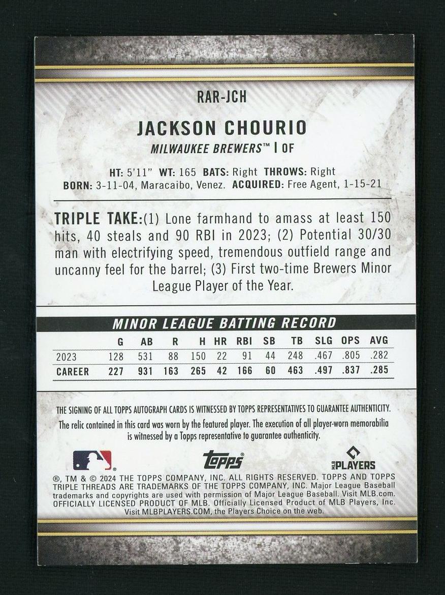 2024 Topps Triple Threads RAR-JCH Jackson Chourio Rookie /45 Milwaukee Brewers Auto - Image 2