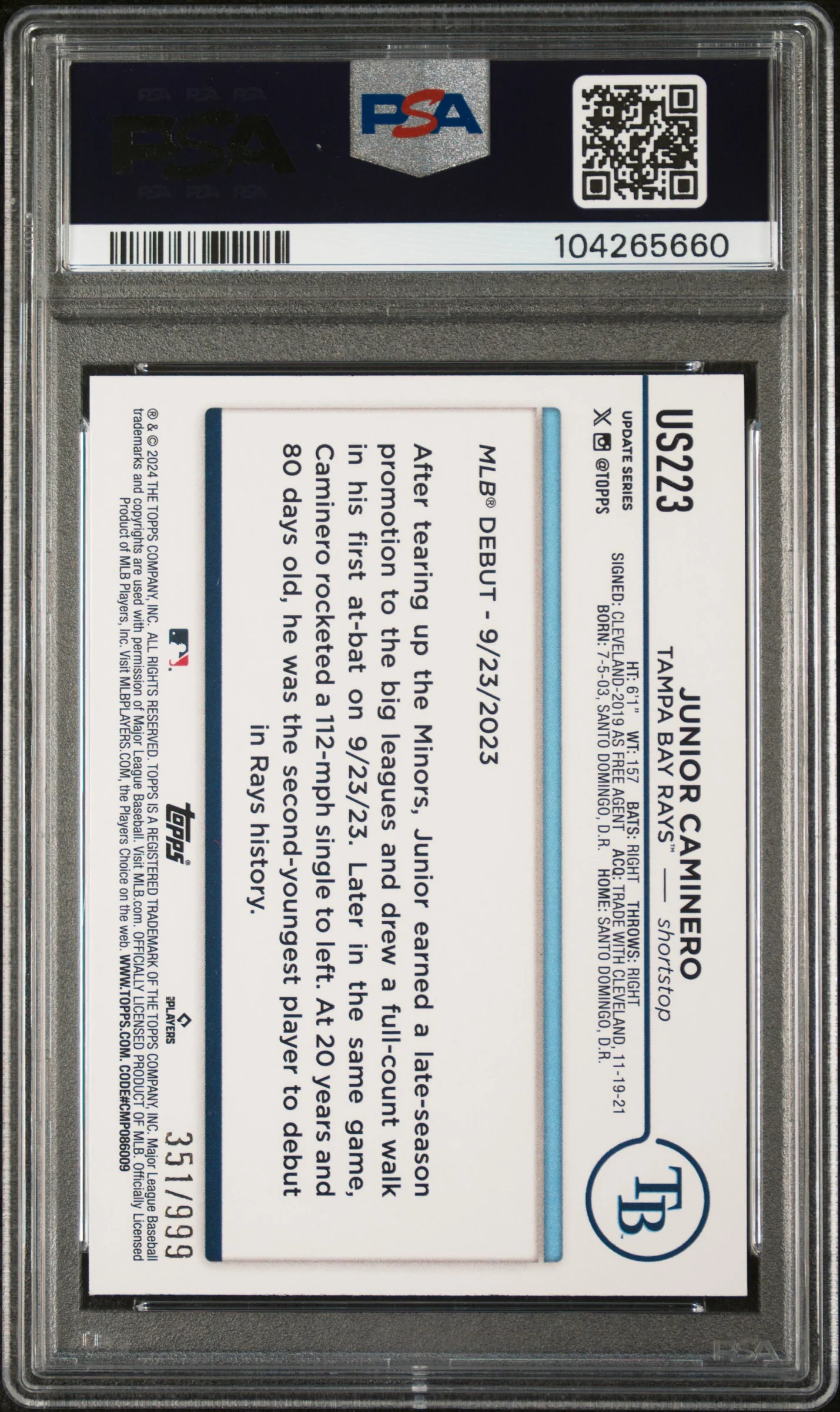 2024 Topps Update Blue Holo Foilboard Junior Caminero #US223 /999 PSA 9 - Image 2