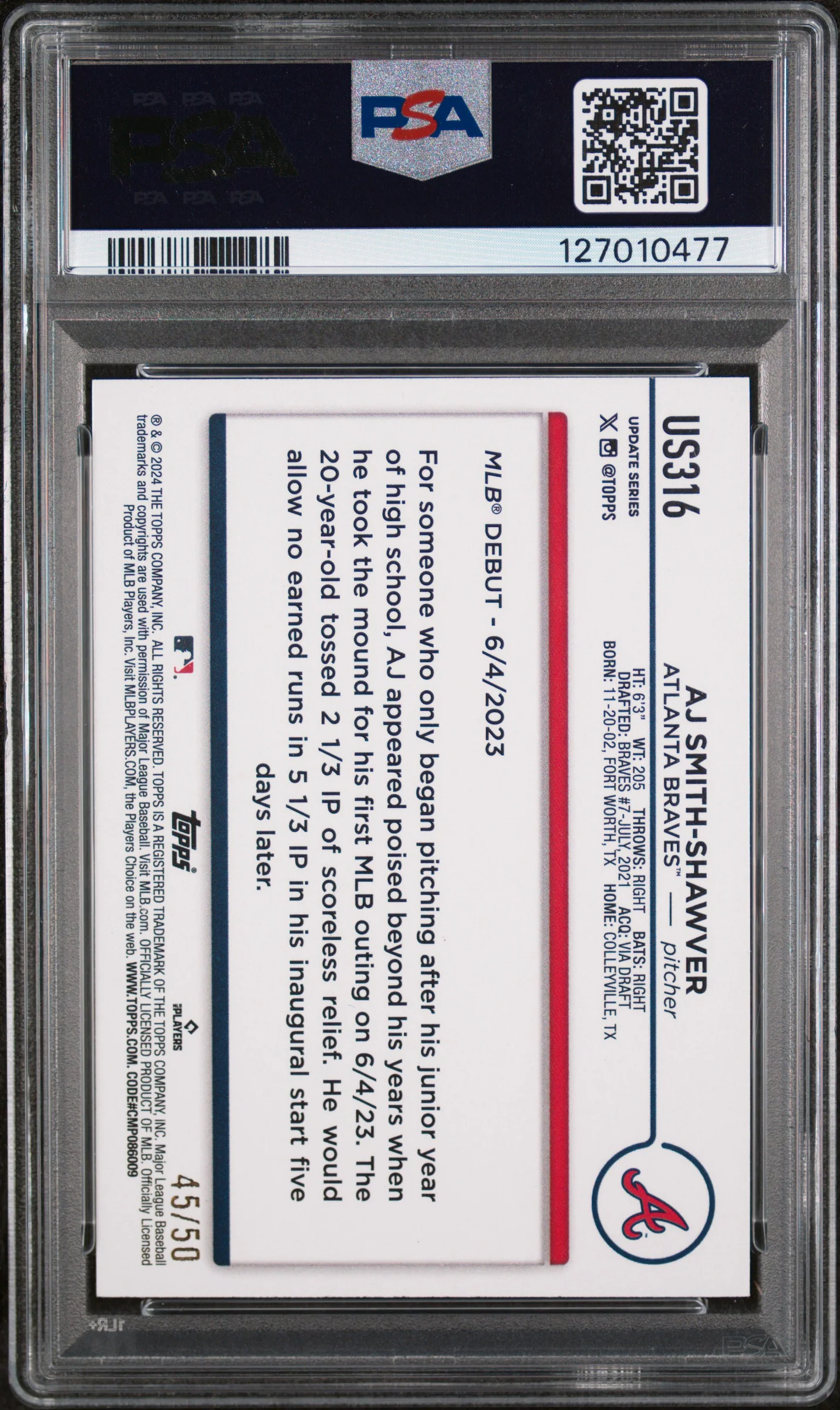 2024 Topps Update Father's Day Powder Blue Aj Smith-Shawver #US316 /50 PSA 9 - Image 2