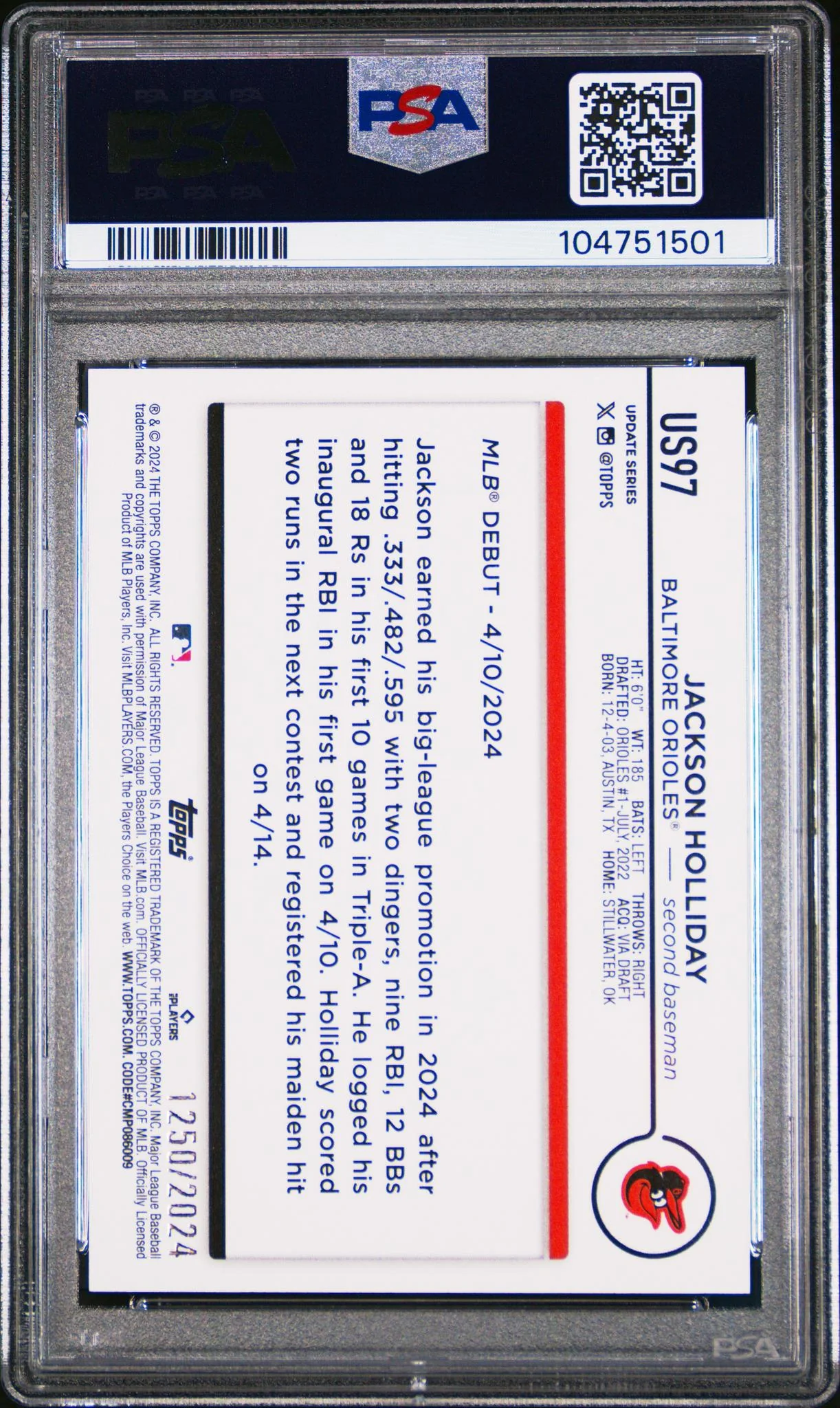 2024 Topps Update Gold Jackson Holliday #US97 /2024 PSA 9 - Image 2
