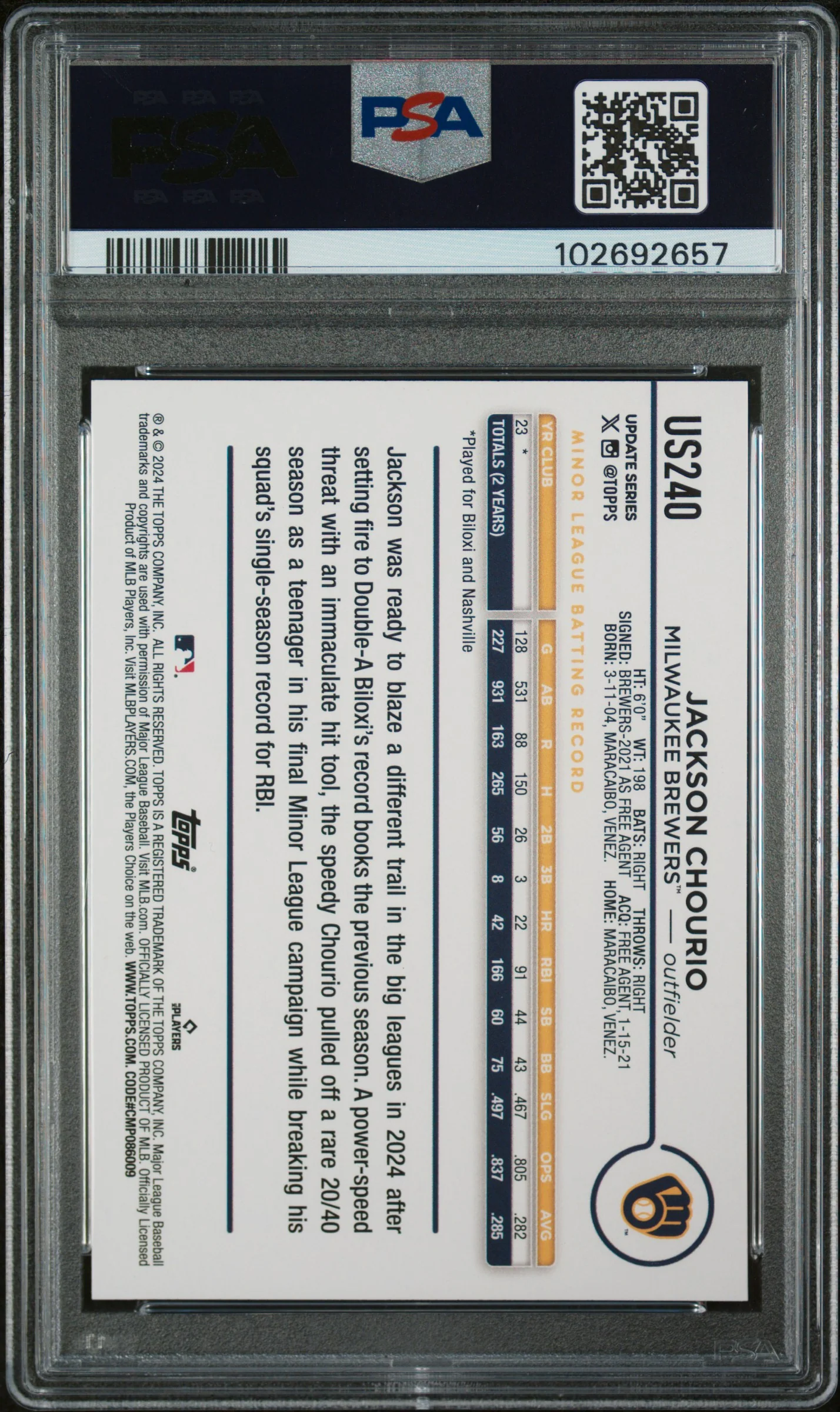 2024 Topps Update Silver Crackle Foil Jackson Chourio #US240 RC PSA 9 - Image 2