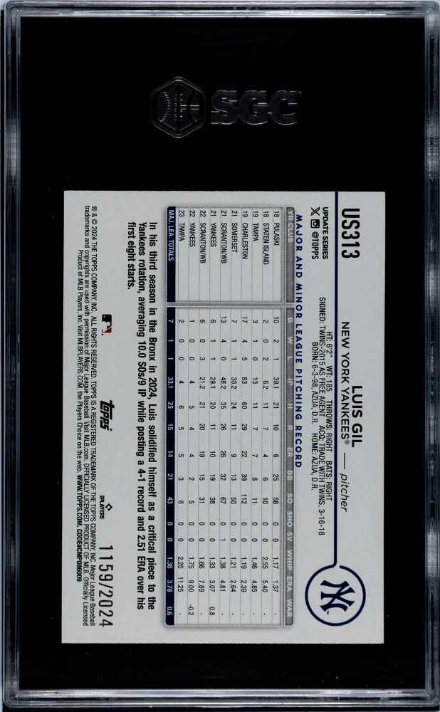 2024 Topps Update #US313 Luis Gil Gold /2024 SGC 9 - Image 2
