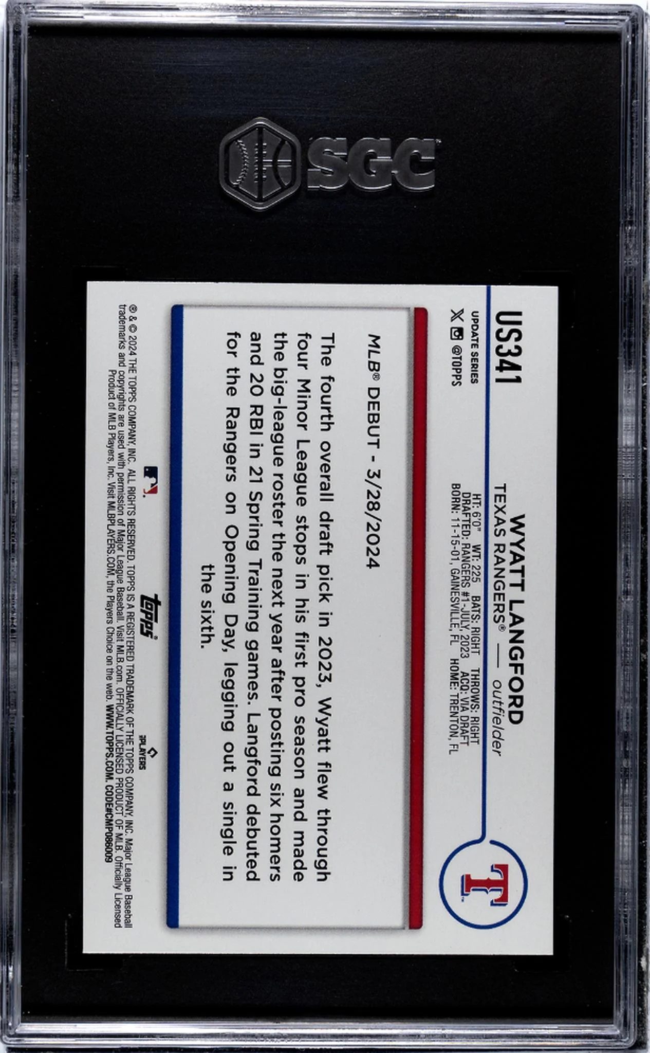 2024 Topps Update #US341 Wyatt Langford SGC 10 - Image 2