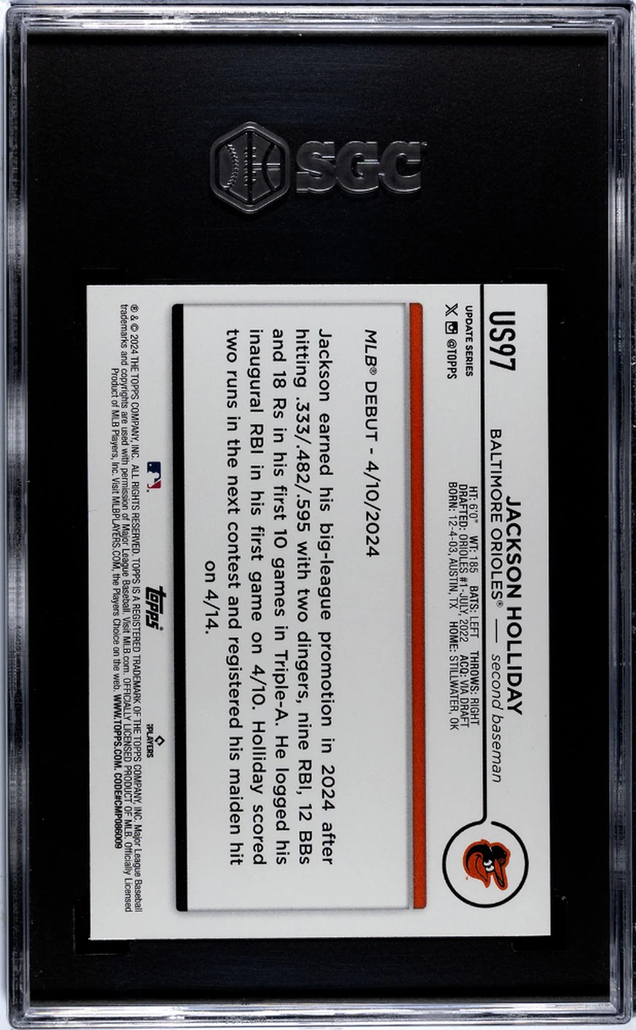 2024 Topps Update #US97 Jackson Holliday SGC 8.5 - Image 2