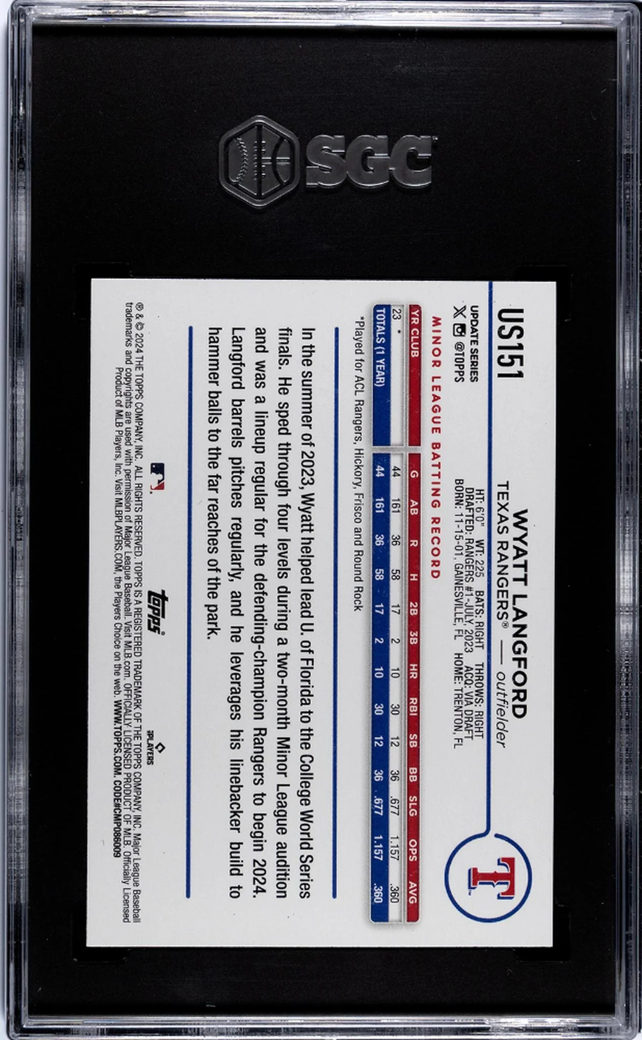 2024 Topps Update Wyatt Langford #US151 RC SGC 9 - Image 2