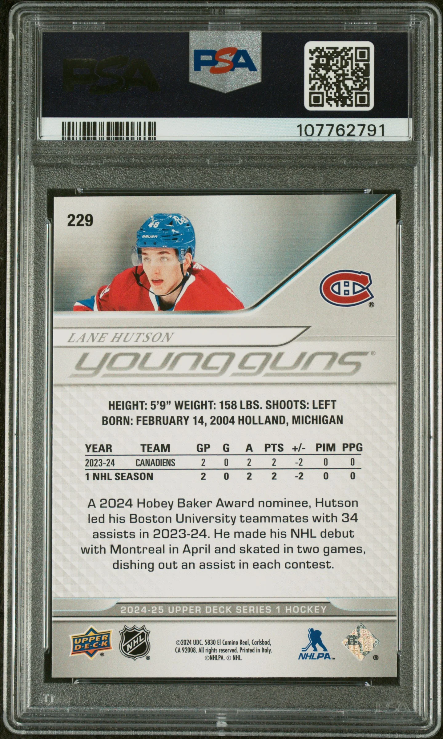 2024 Upper Deck #229 Lane Hutson Young Guns PSA 10 - Image 2