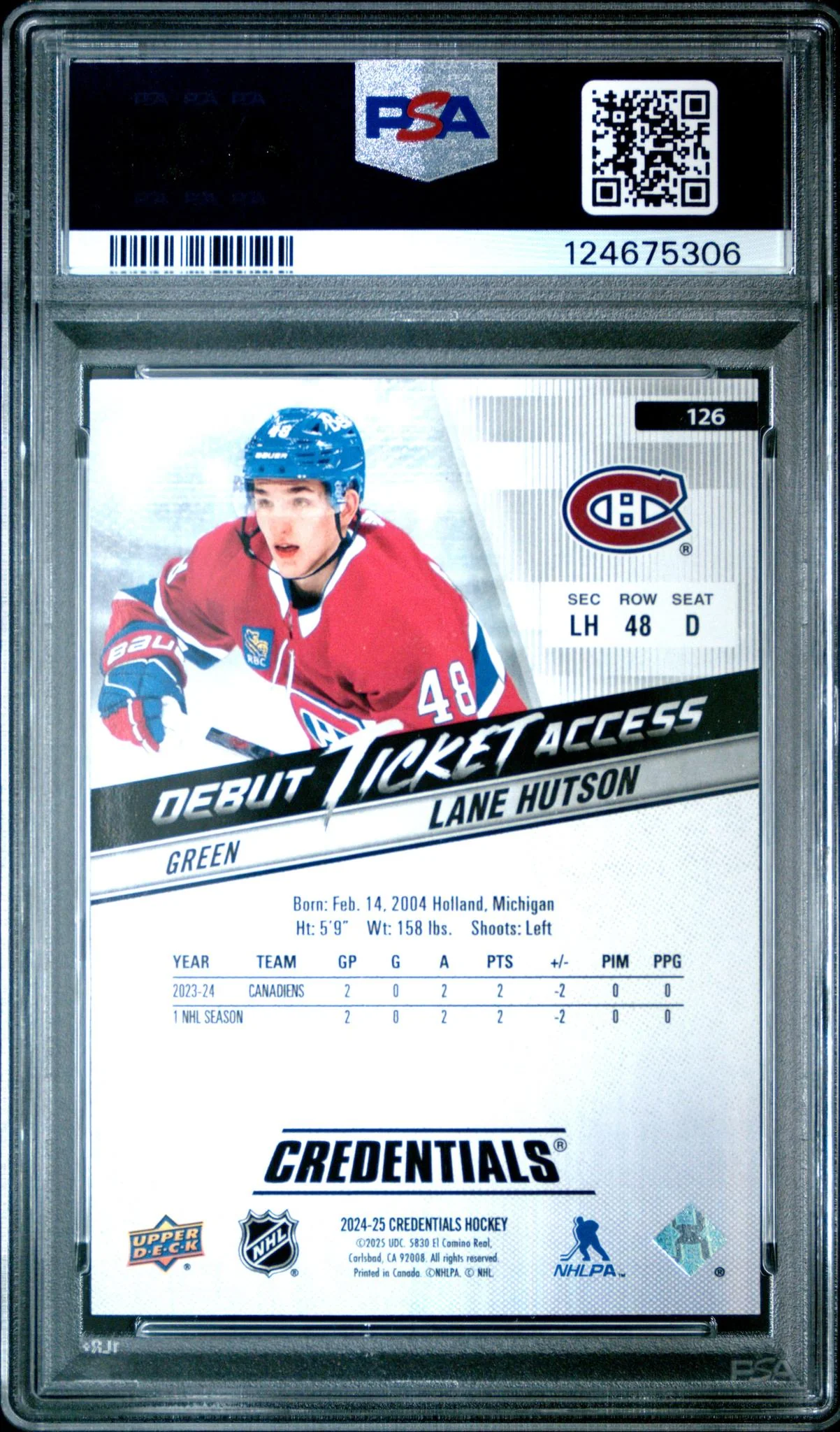 2024 Upper Deck Credentials Green Lane Hutson #126 /25 PSA 10 - Image 2