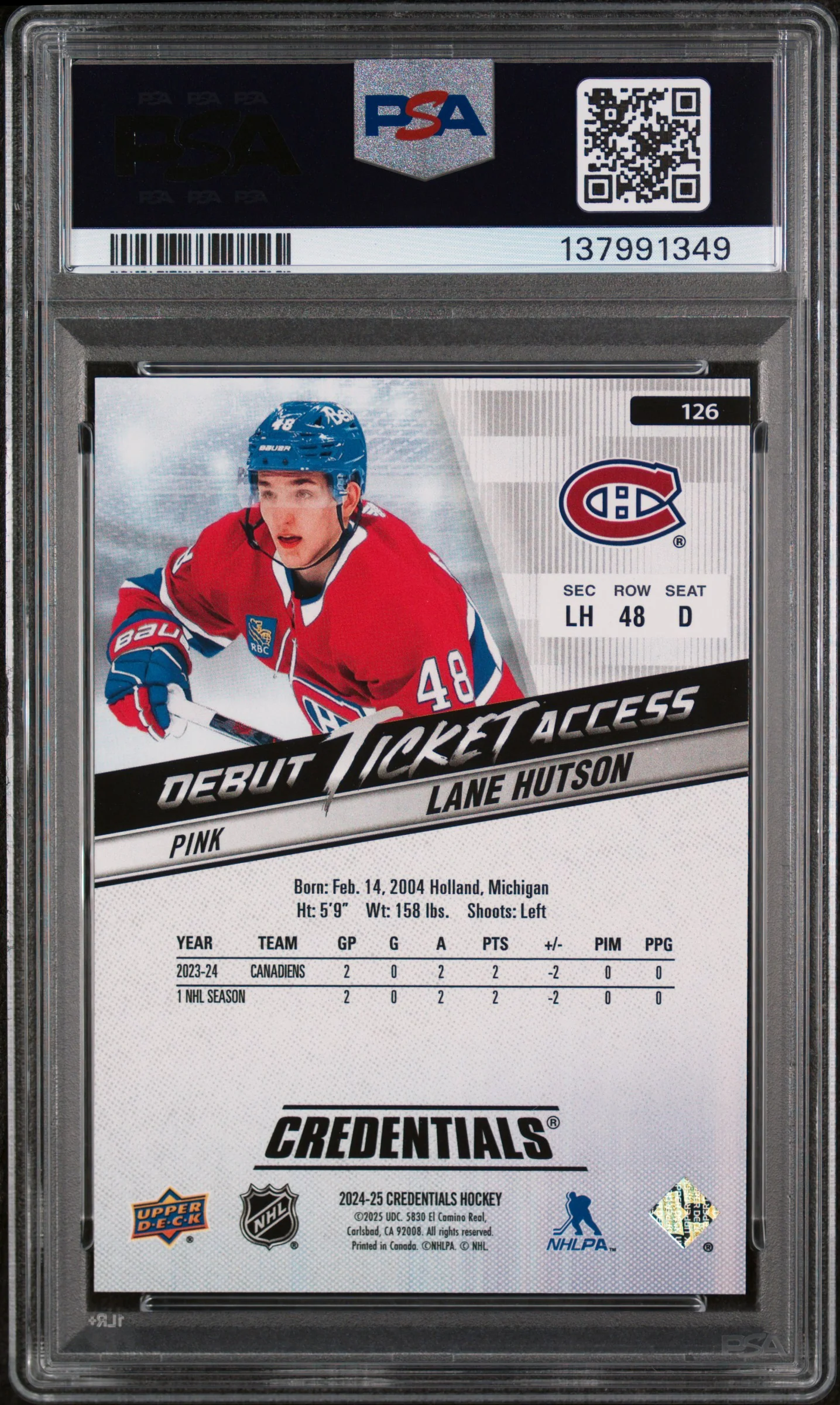 2024 Upper Deck Credentials Pink Lane Hutson #126 /50 PSA 10 - Image 2