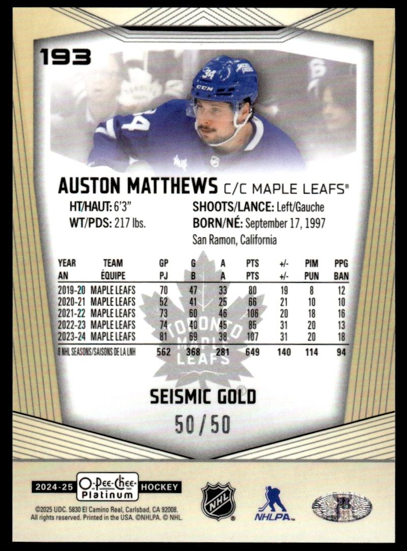 2024 Upper Deck O-Pee-Chee Platinum 193 Auston Matthews Seismic Gold Seismic 50/50 VG Maple Leafs - Image 2