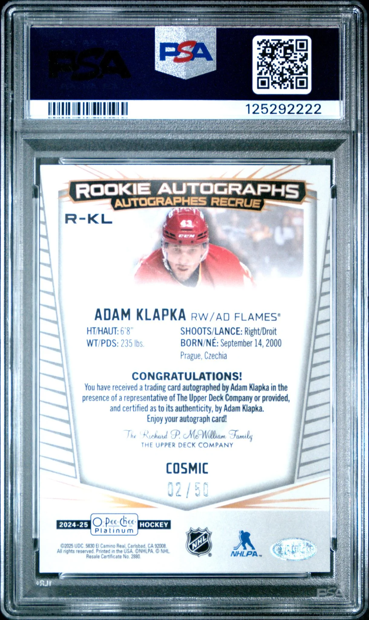 2024 Upper Deck O-Pee-Chee Platinum Rookie Autographs Cosmic Adam Klapka #RKL /50 PSA 10 125292222 - Image 2