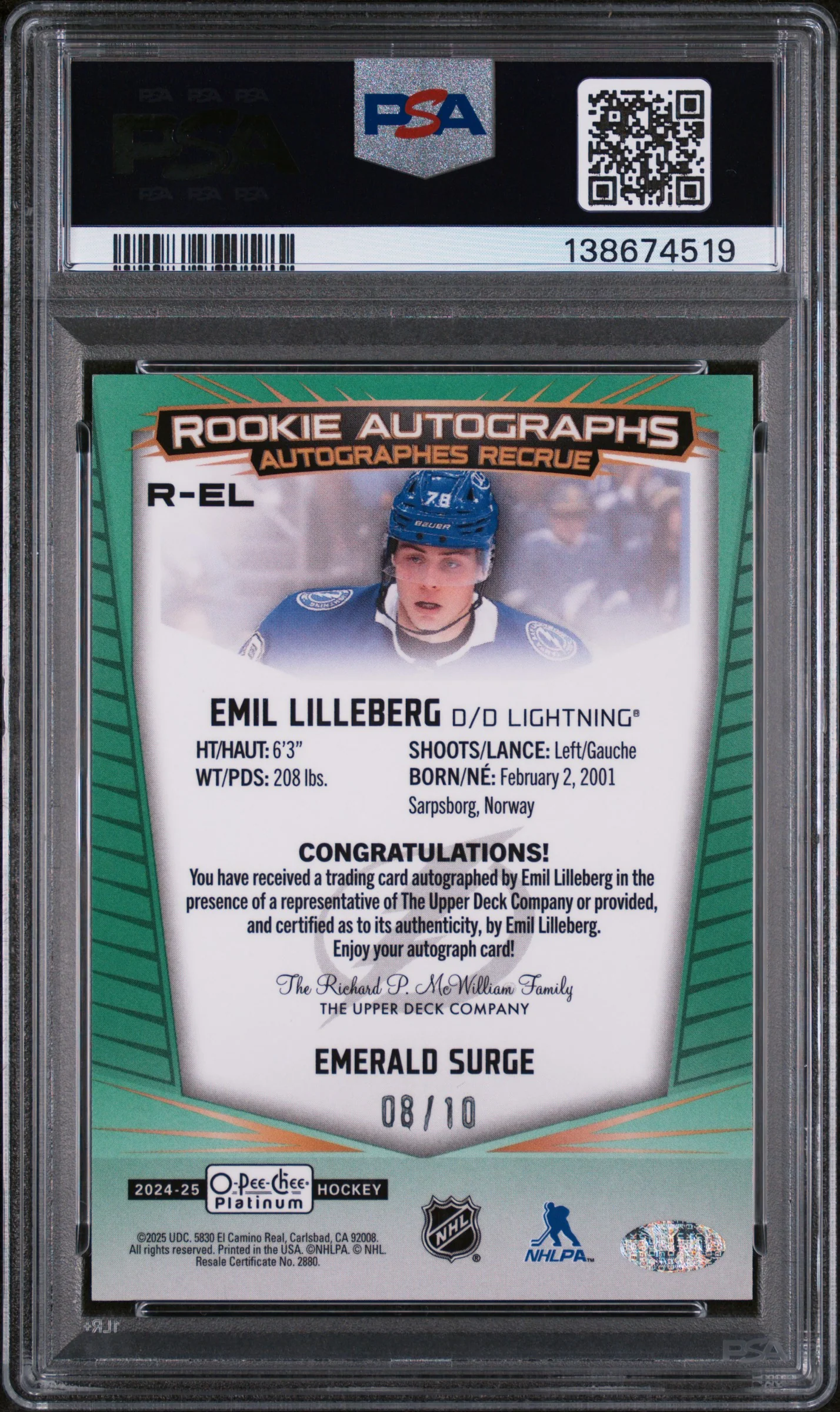 2024 Upper Deck O-Pee-Chee Platinum Rookie Autographs Emerald Surge Emil Lilleberg #REL /10 PSA 10 - Image 2