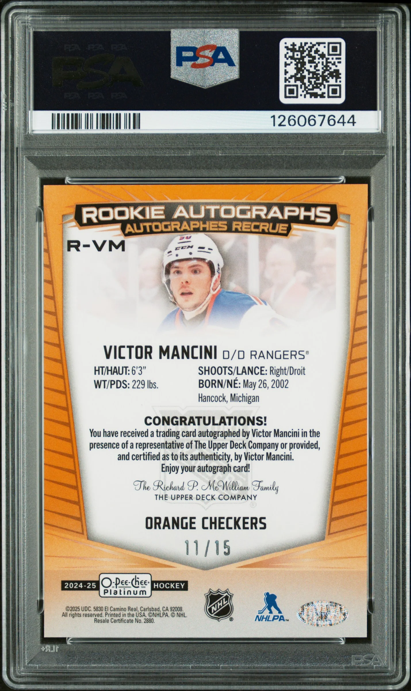 2024 Upper Deck O-Pee-Chee Platinum Rookie Autographs Orange Checkers Victor Mancini #RVM /15 PSA 10 - Image 2
