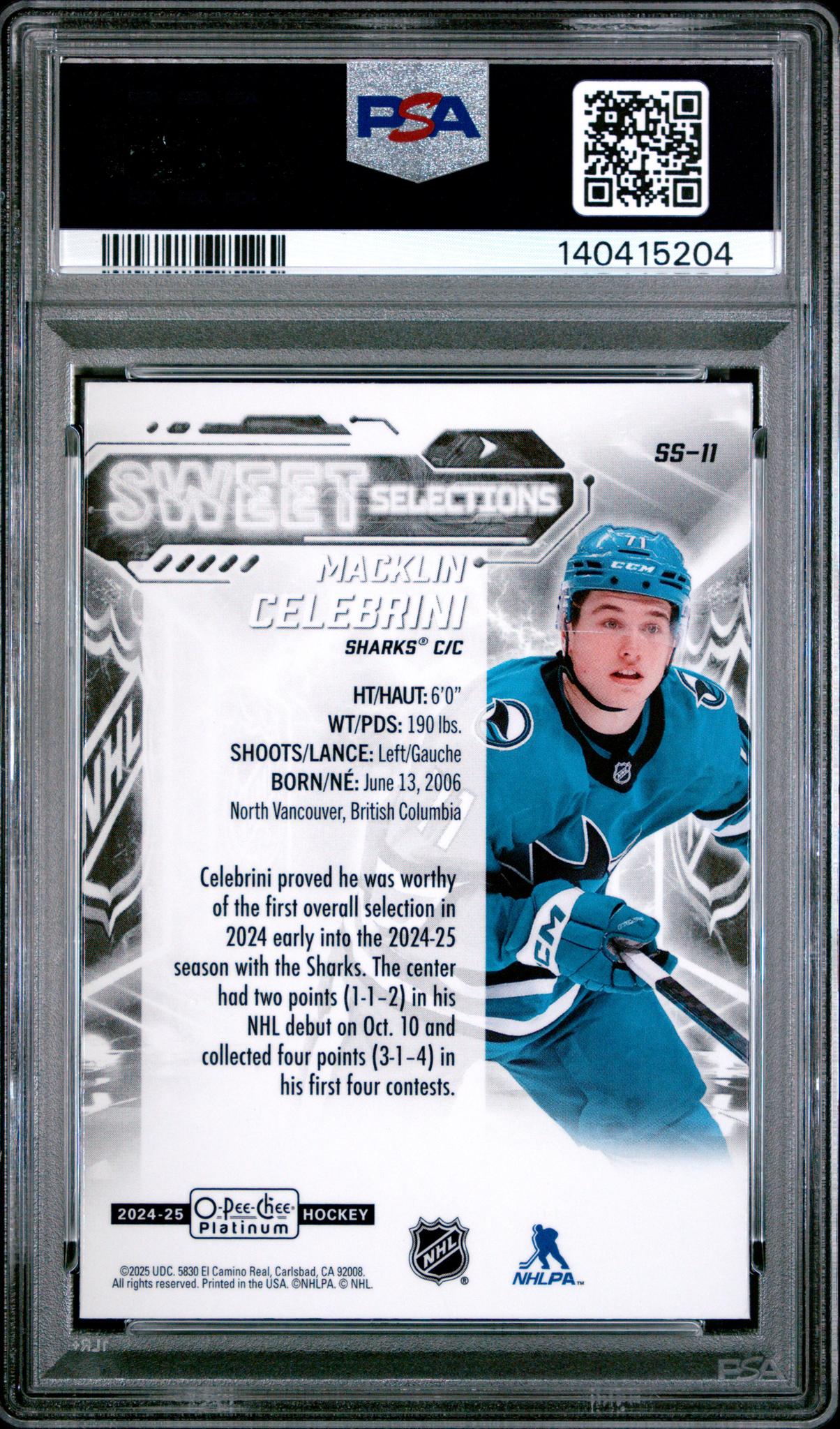 2024 Upper Deck O-Pee-Chee Platinum Sweet Selections Macklin Celebrini #SS11 PSA 10 - Image 2