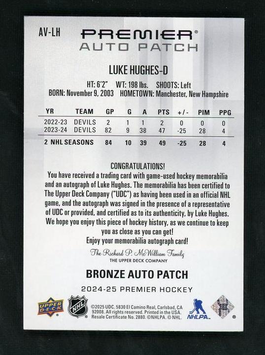 2024 Upper Deck Premier AV-LH Luke Hughes Bronze Auto Patch Bronze /49 VG Devils - Image 2