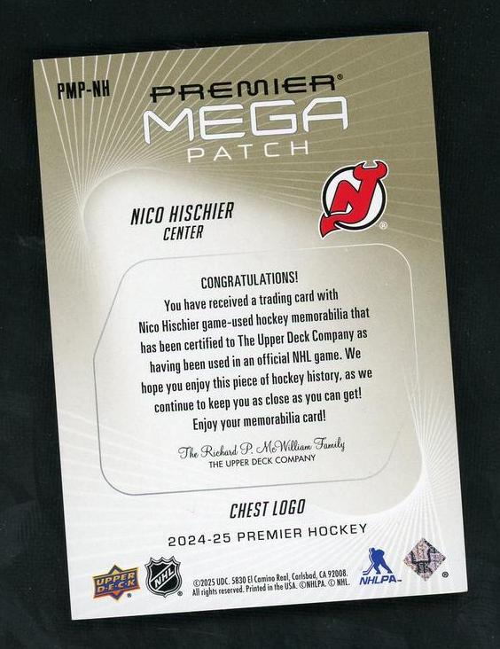 2024 Upper Deck Premier PMP-NH Nico Hischier Mega Patch /28 VG New Jersey Devils - Image 2