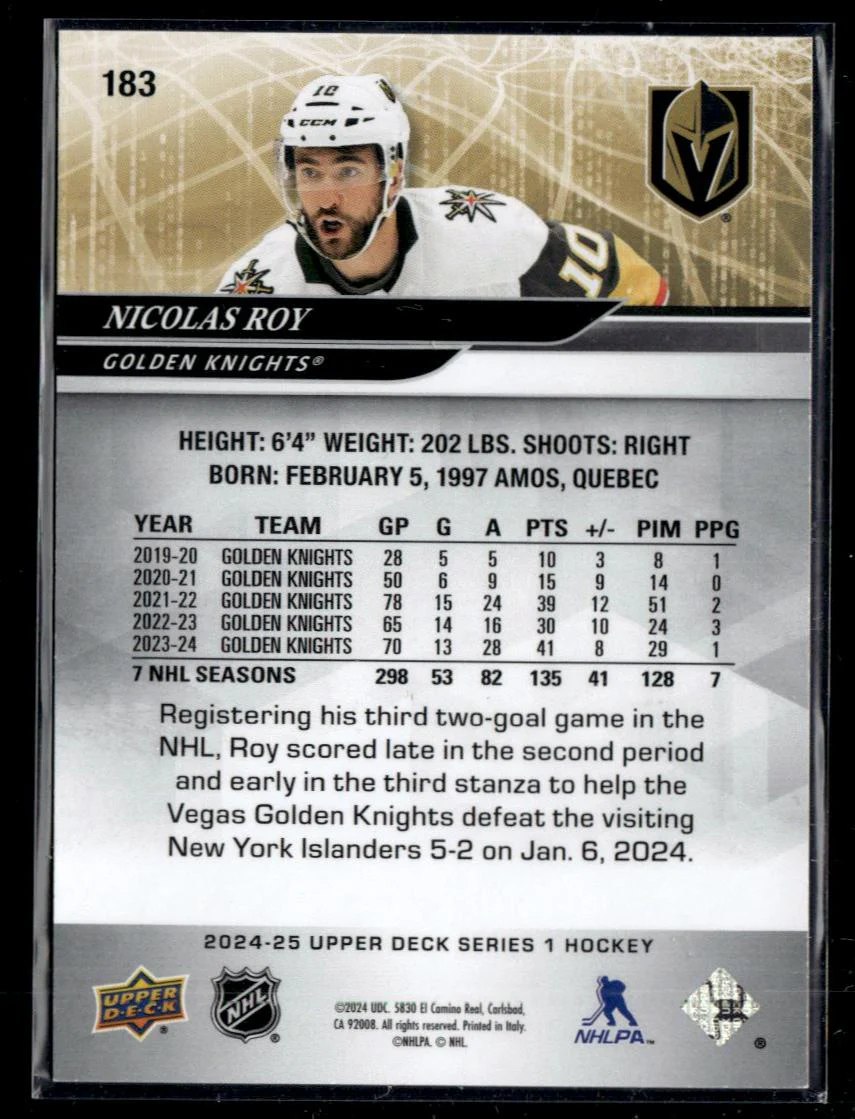 2024 Upper Deck Series 1 High Gloss Nicolas Roy #183 /10 - Image 2