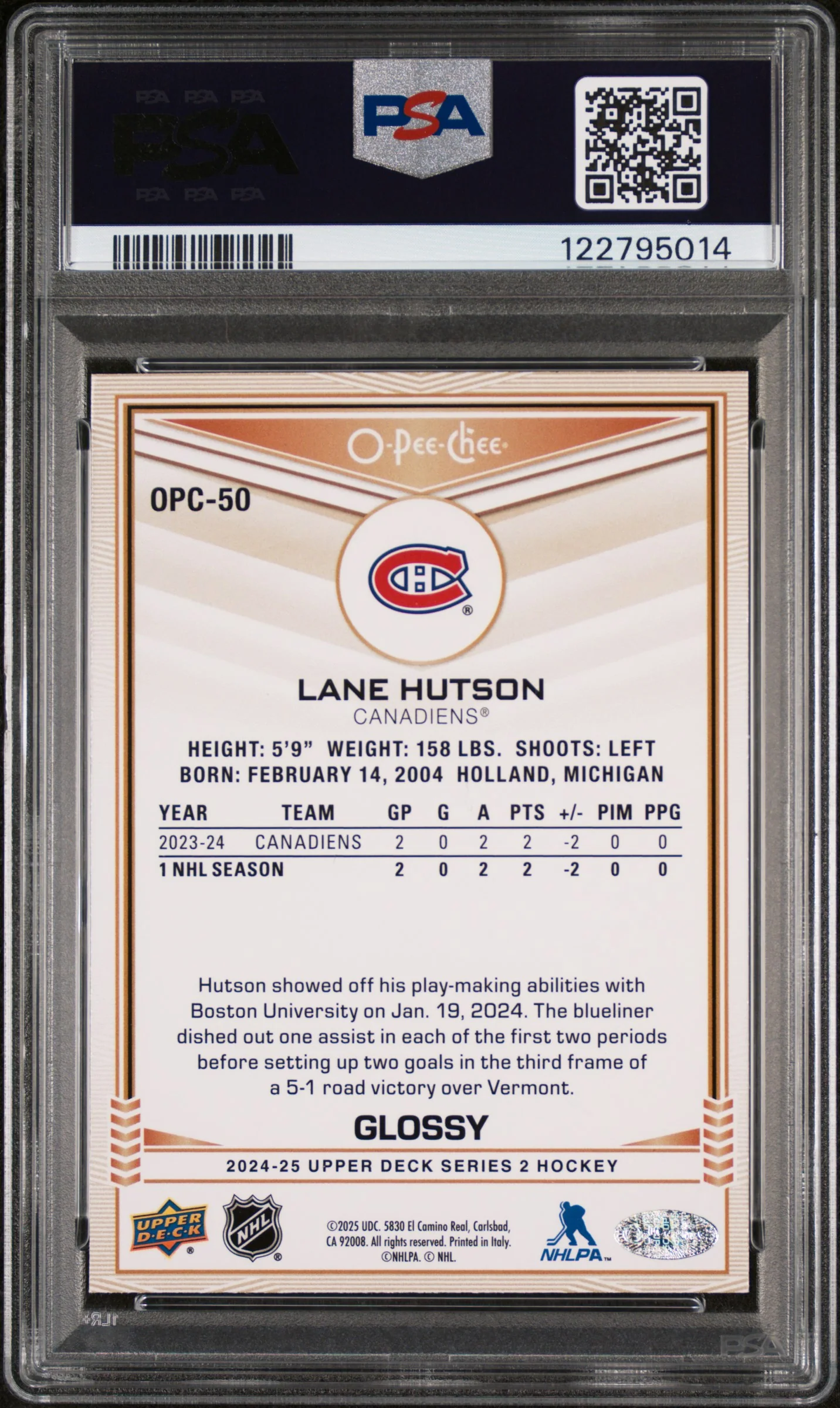 2024 Upper Deck Series 2 O-Pee-Chee Glossy Lane Hutson #OPC50 PSA 9 - Image 2