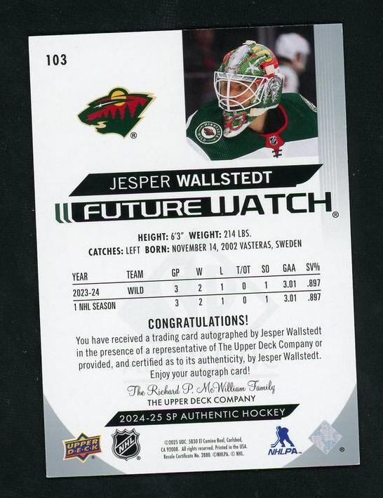 2024 Upper Deck SP Authentic 103 Jesper Wallstedt Future Watch Rookie /999 VG Wild Auto - Image 2