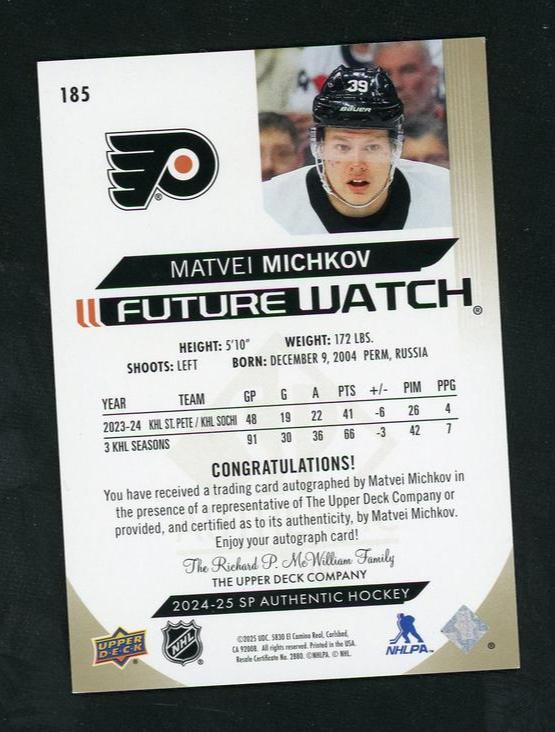 2024 Upper Deck SP Authentic 185 Matvei Michkov Future Watch Rookie VG Flyers Auto - Image 2