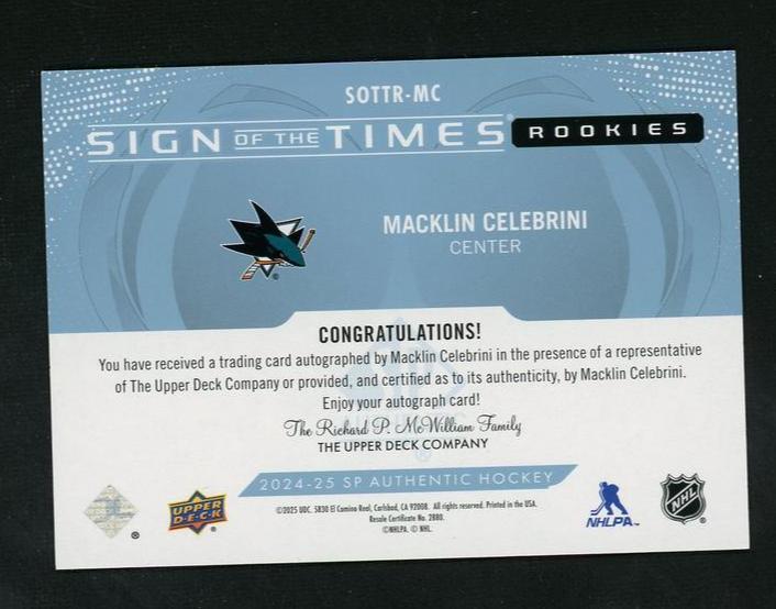 2024 Upper Deck SP Authentic SOTTR-MC Macklin Celebrini Sign of the Times Rookies Rookie Sharks Auto - Image 2