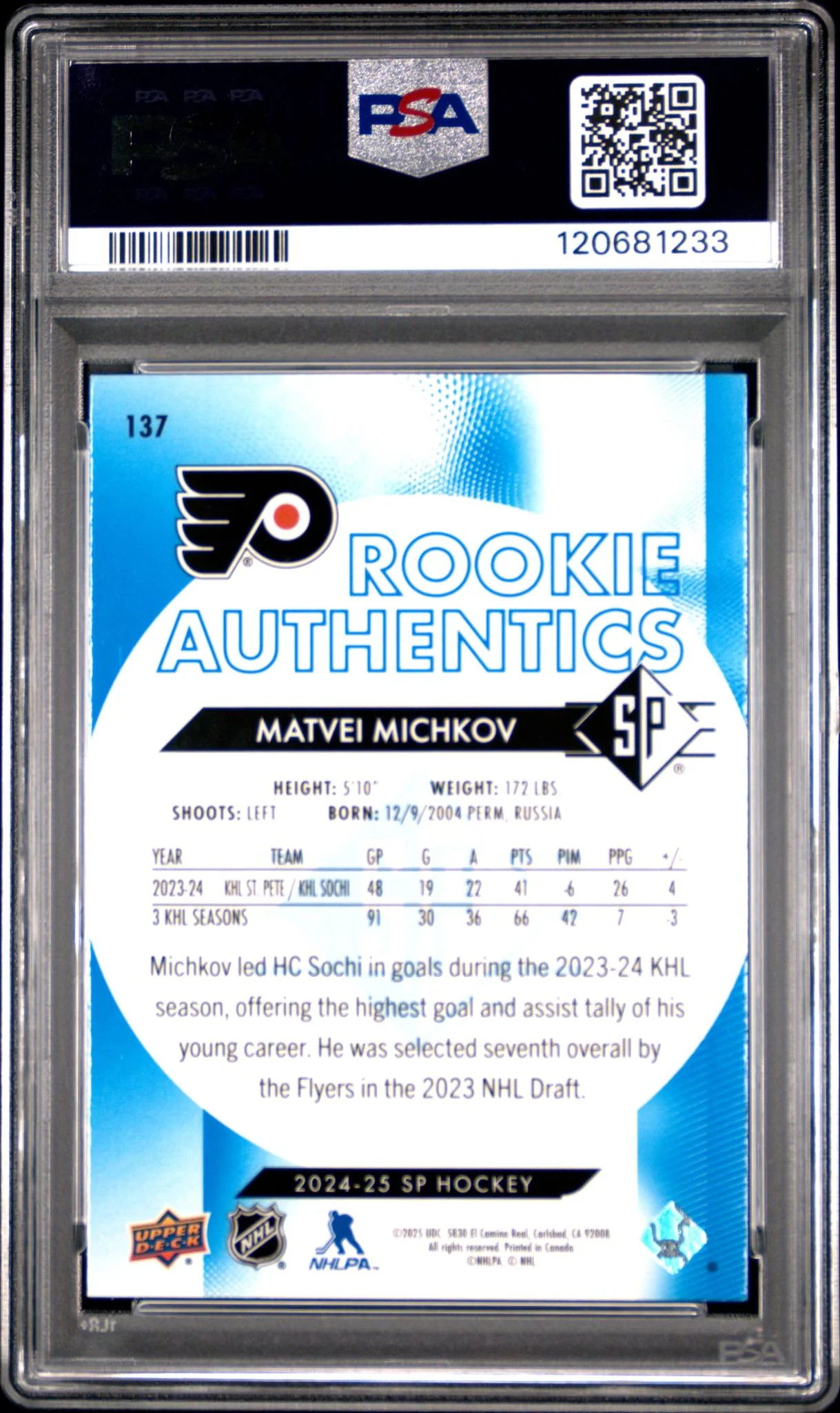 2024 Upper Deck SP Blue Matvei Michkov #137 PSA 10 - Image 2