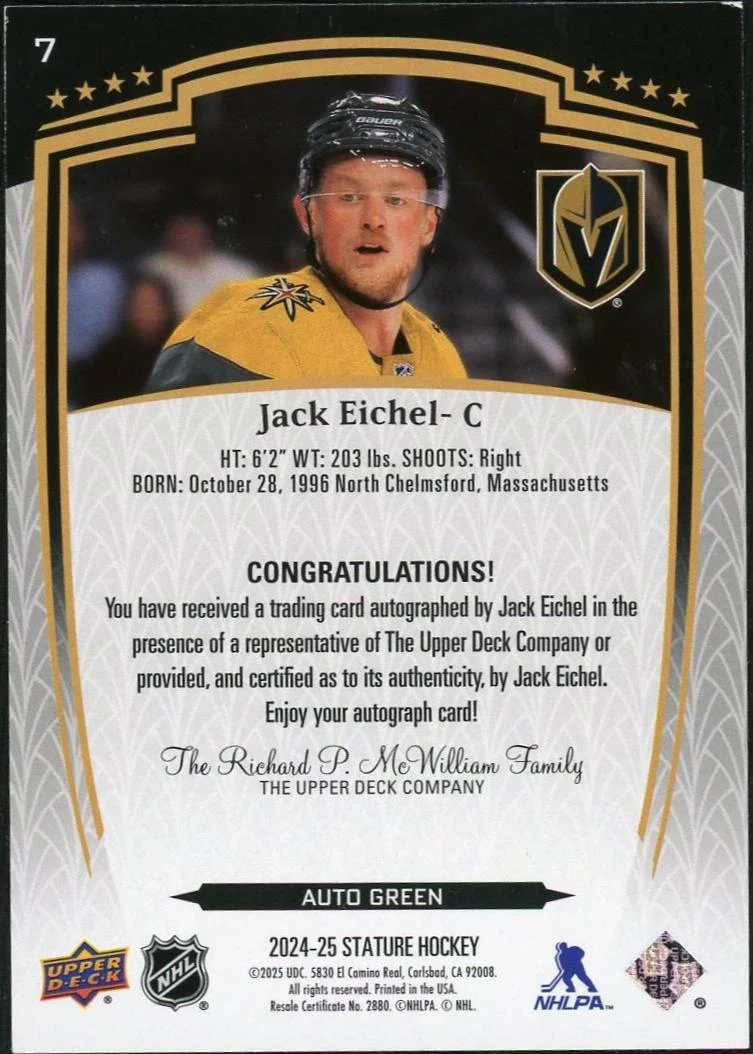 2024 Upper Deck Stature 7 Jack Eichel AUTO GREEN /199 Golden Knights - Image 2