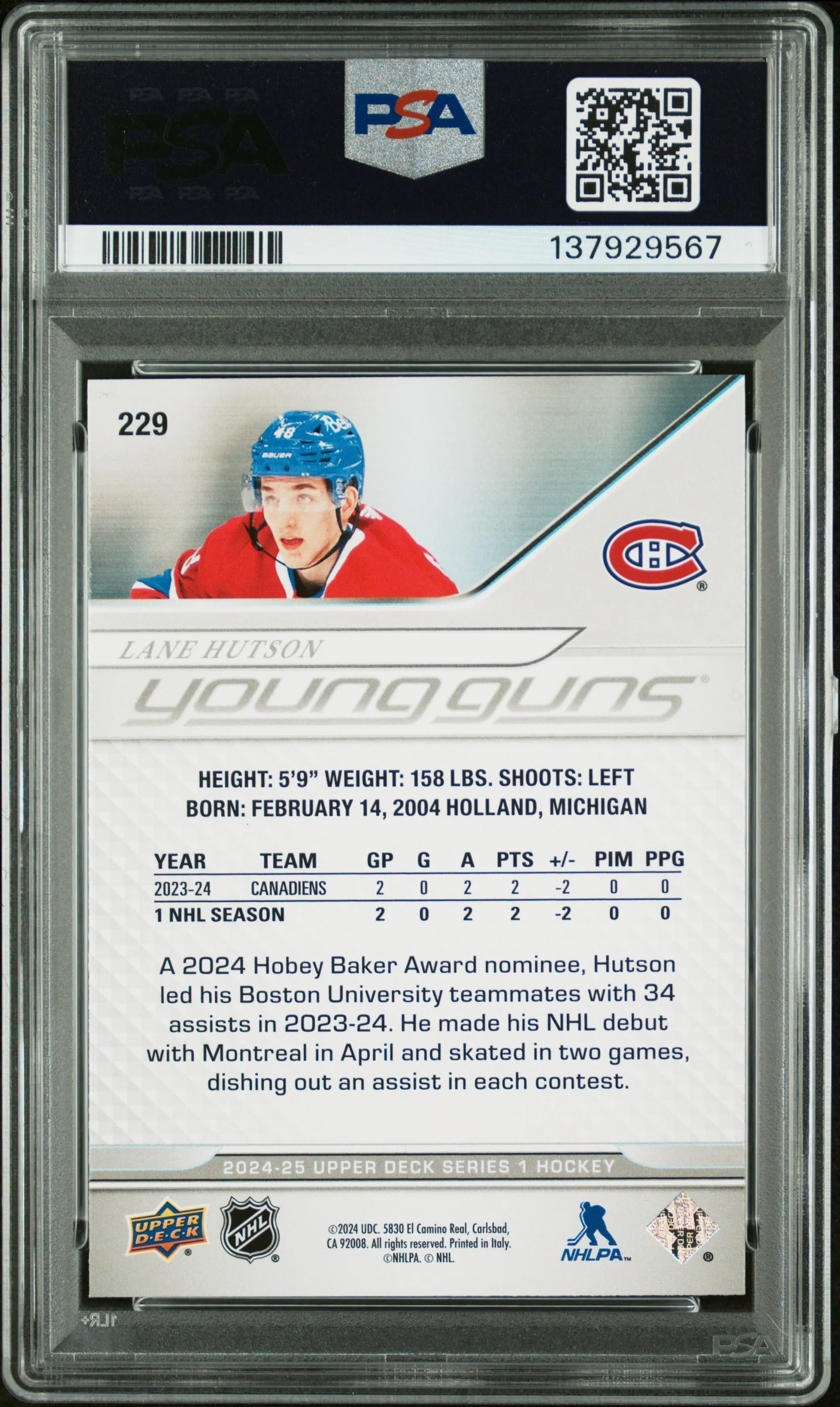 2024 Upper Deck Young Guns Lane Hutson #229 PSA 9 - Image 2