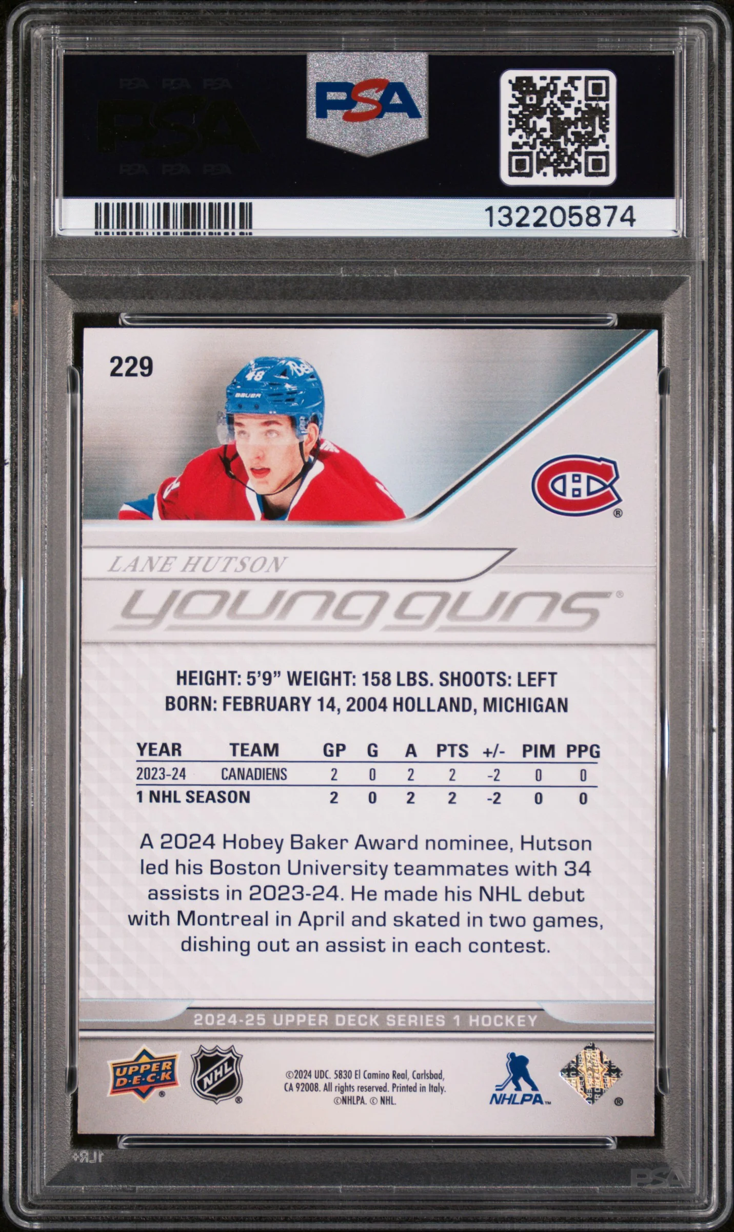 2024 Upper Deck Young Guns Lane Hutson #229 PSA 7 - Image 2