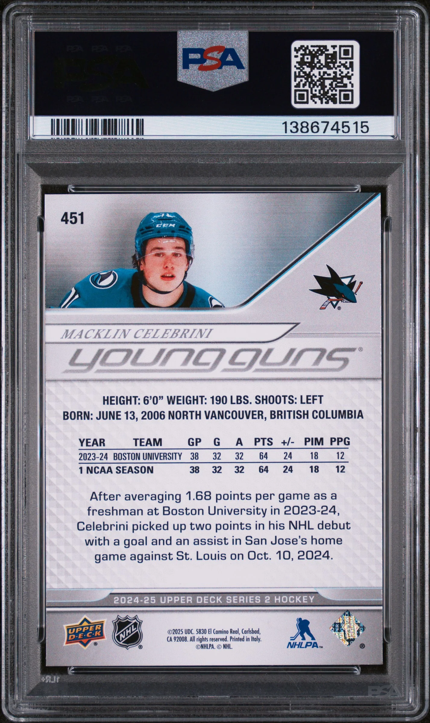 2024 Upper Deck Young Guns Macklin Celebrini #451 PSA 10 - Image 2