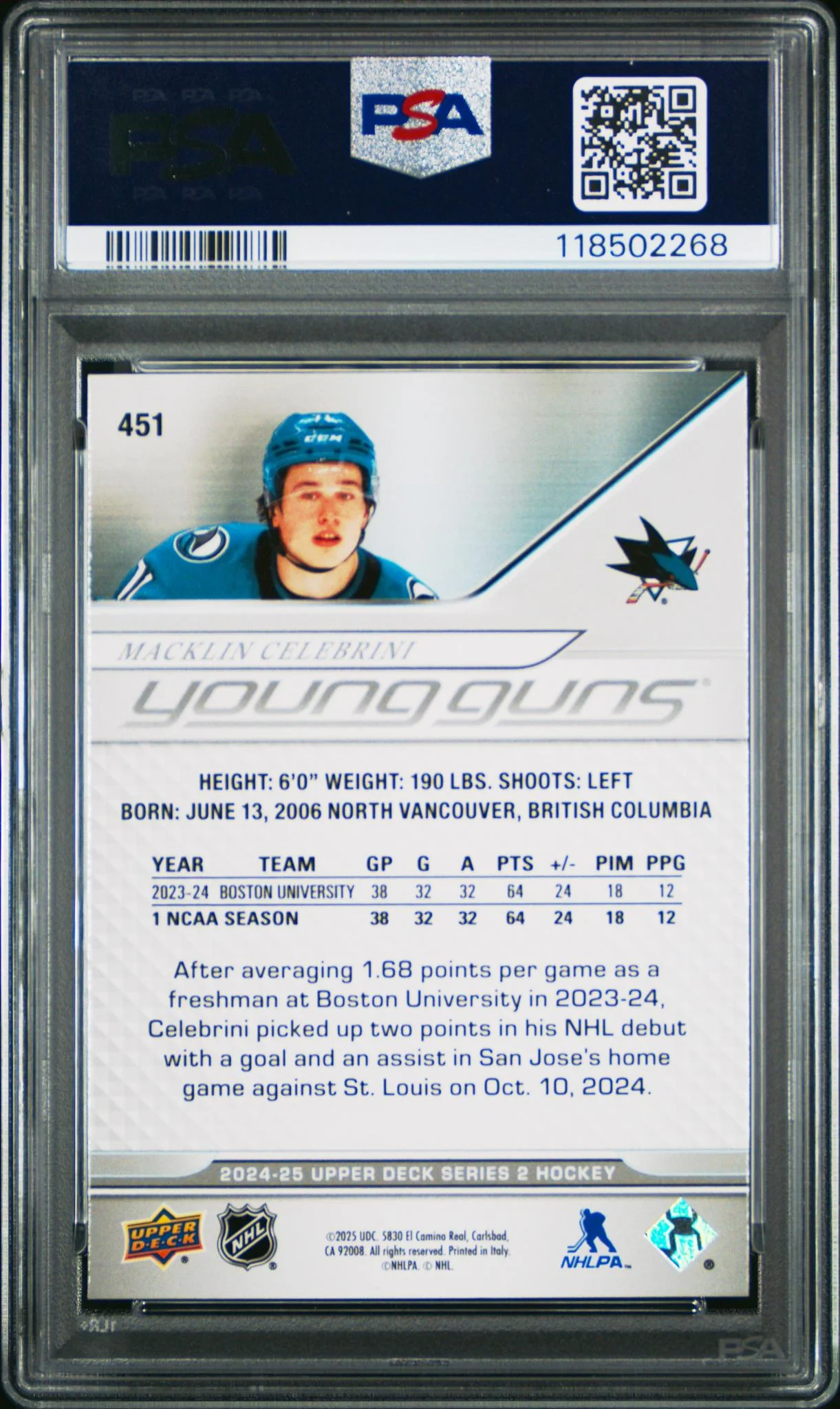 2024 Upper Deck Young Guns Macklin Celebrini #451 PSA 9 - Image 2