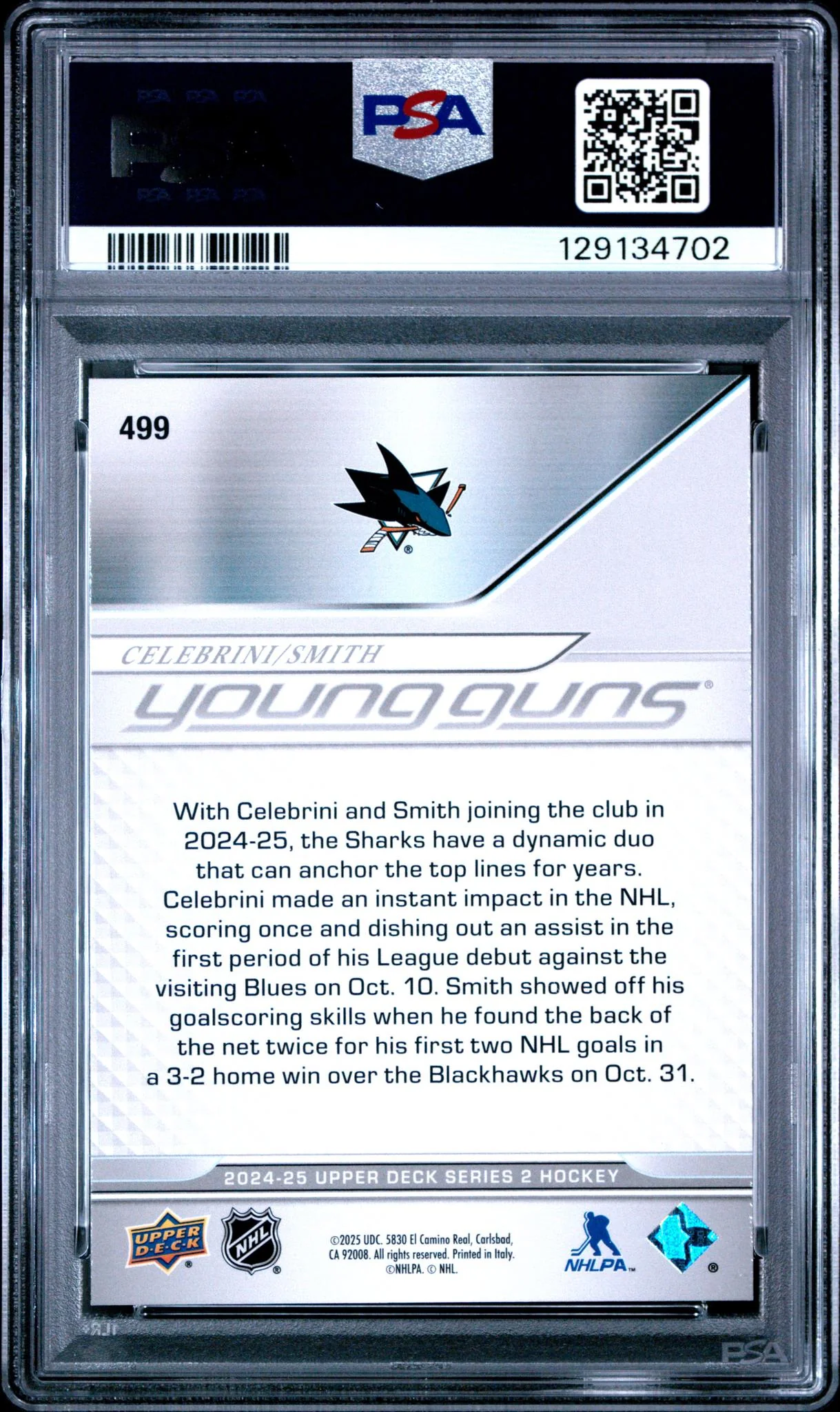 2024 Upper Deck Young Guns Macklin Celebrini/Will Smith #499 PSA 10 - Image 2