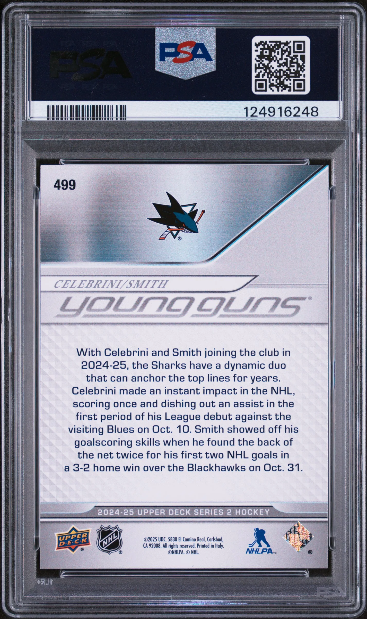 2024 Upper Deck Young Guns Macklin Celebrini/Will Smith #499 PSA 8 - Image 2