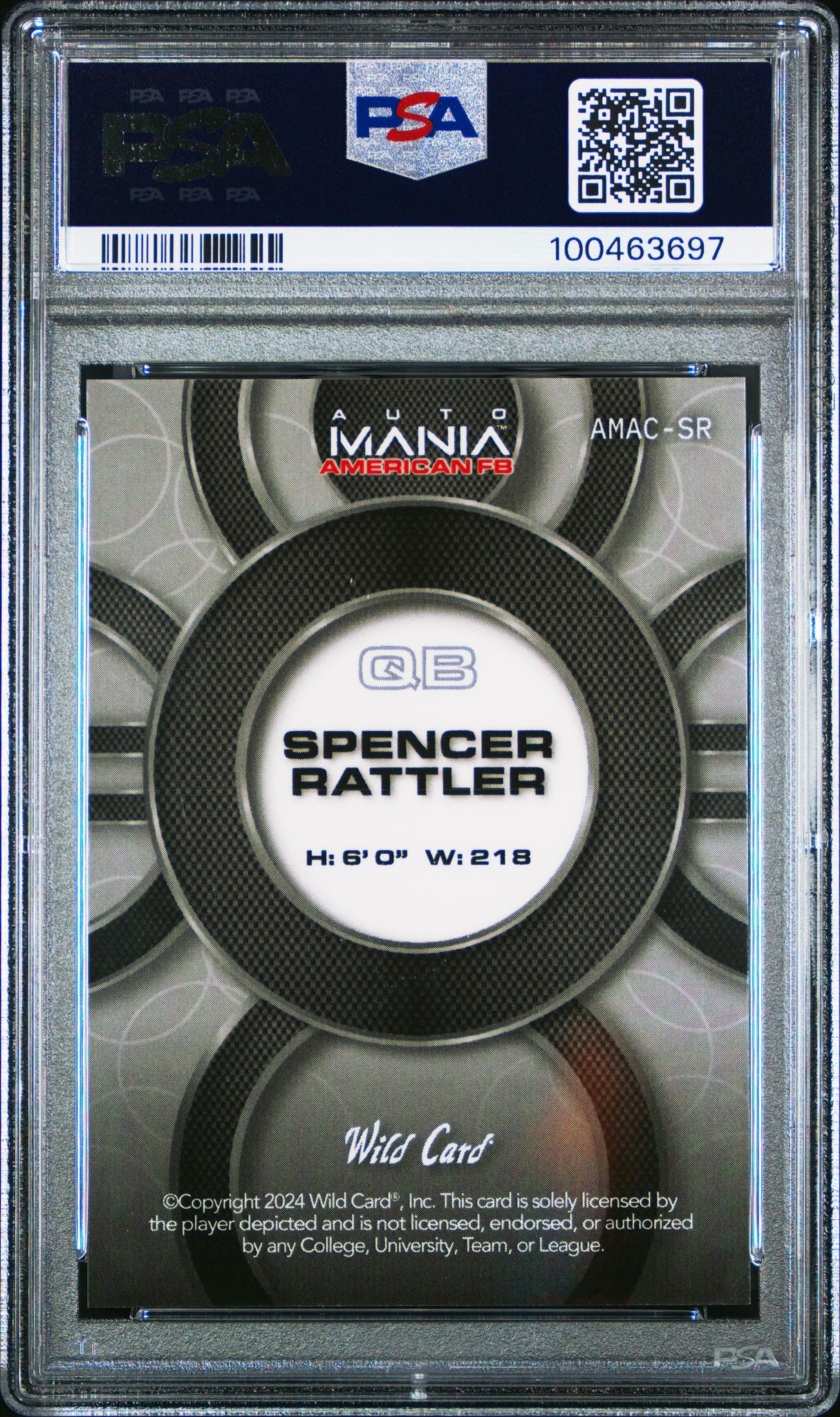 2024 Wild Card Auto Mania American Football Clearview National Exclusives Circle-Rainbow Foil-Painted Eagle 5 1/1 Spencer Rattler #SR PSA 10 - Image 2