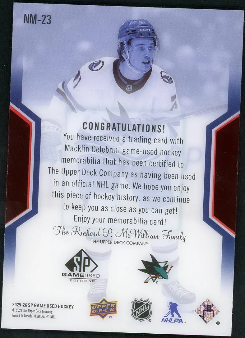 2025-26 SP Game Used NHL Masters Game Used Patch Macklin Celebrini /199 - Image 2