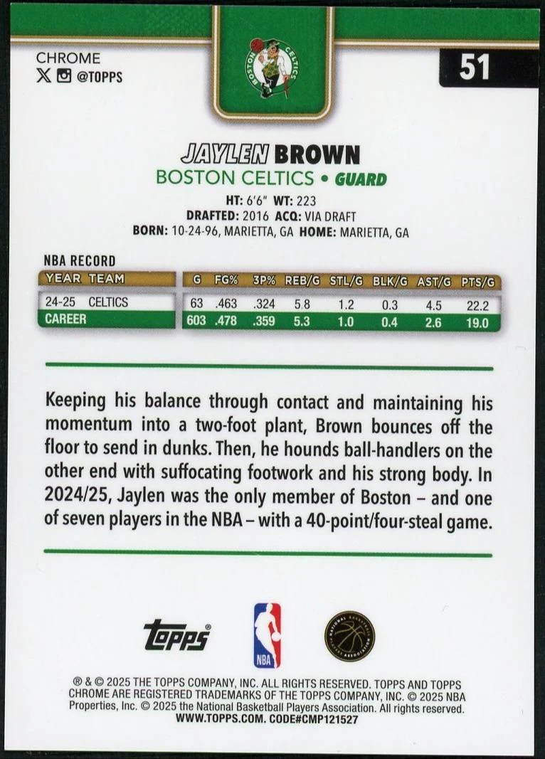 2025-26 Topps Chrome Jaylen Brown Red Basketball Refractor /5 - Image 2