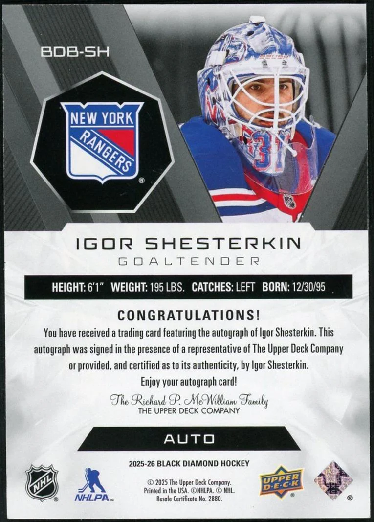 2025-26 Upper Deck BDB-SH Igor Shesterkin Autograph-Blue /25 - Image 2