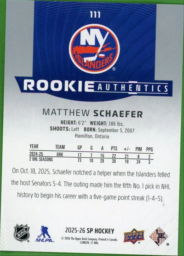2025-26 Upper Deck Rookie Authentics Matthew Schaefer /1749 - Image 2