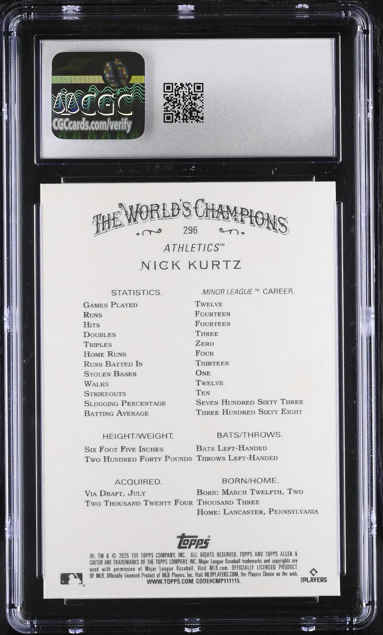 2025 Allen & Ginter #296 Nick Kurtz CGC 10 - Image 2