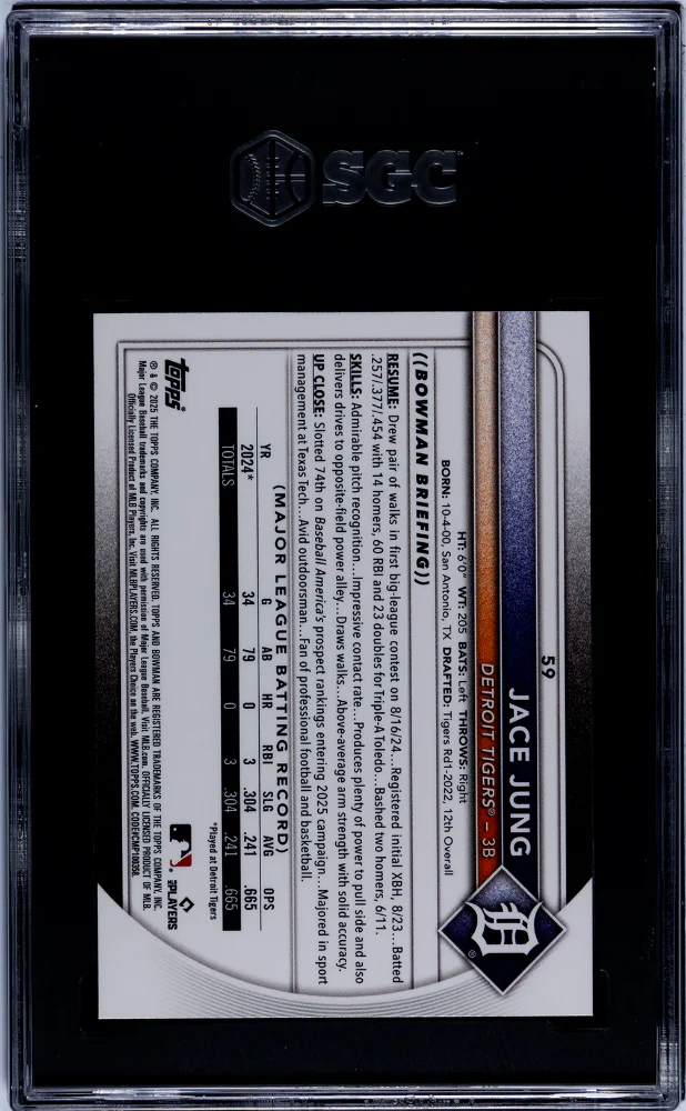 2025 Bowman #59 Jace Jung Red Rookie Redemption SGC 10 - Image 2