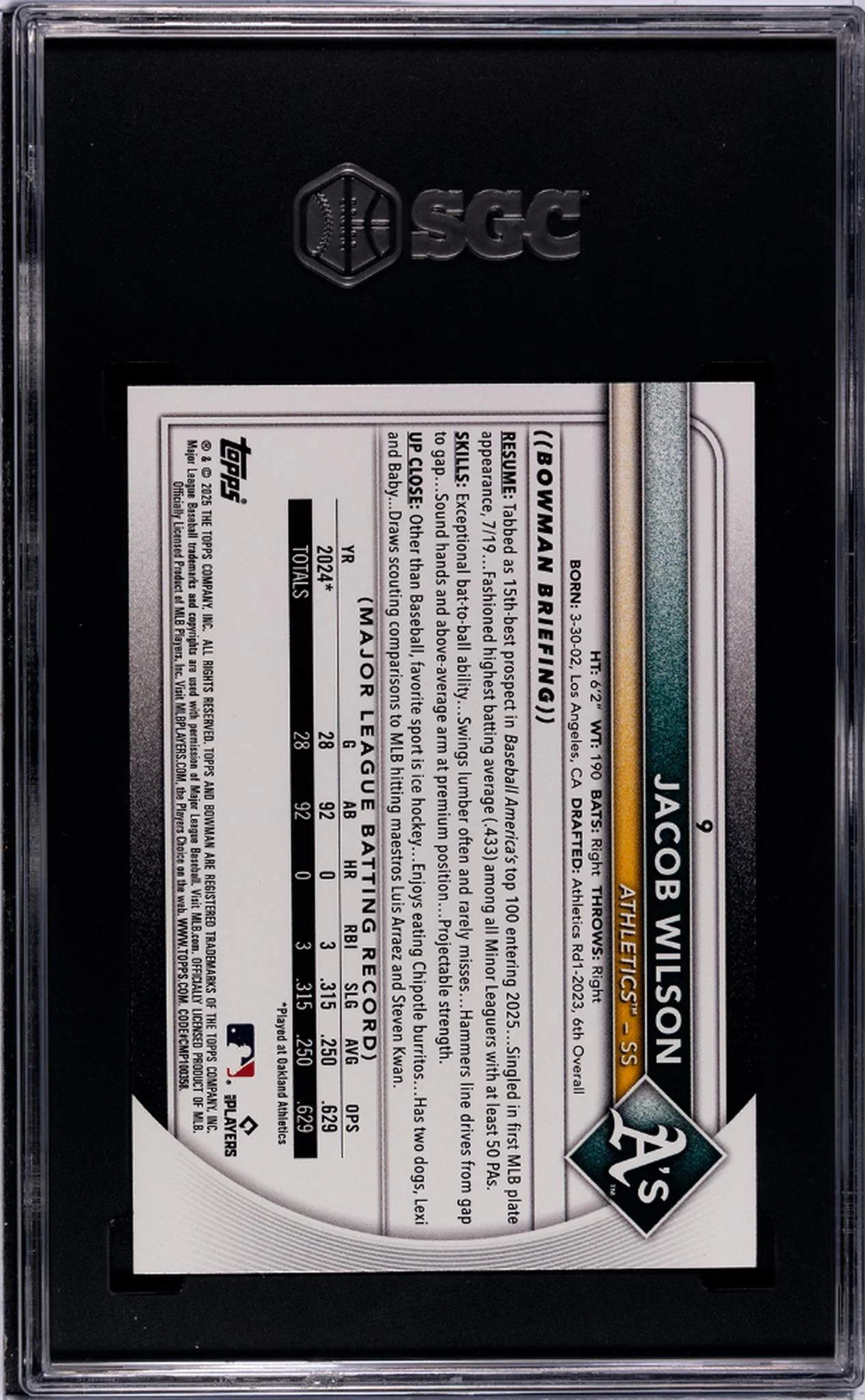 2025 Bowman #9 Jacob Wilson SGC 9.5 - Image 2