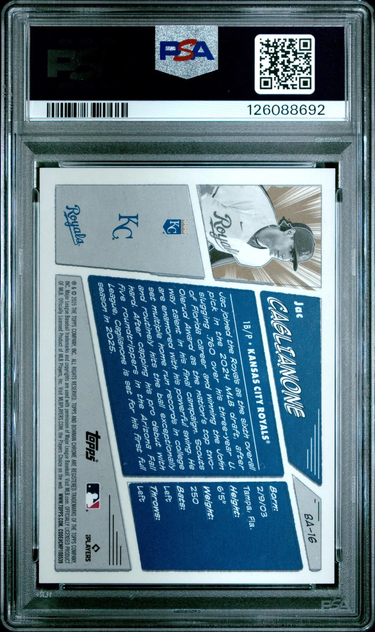 2025 Bowman Anime Black Refractor Jac Caglianone #BA16 PSA 9 - Image 2
