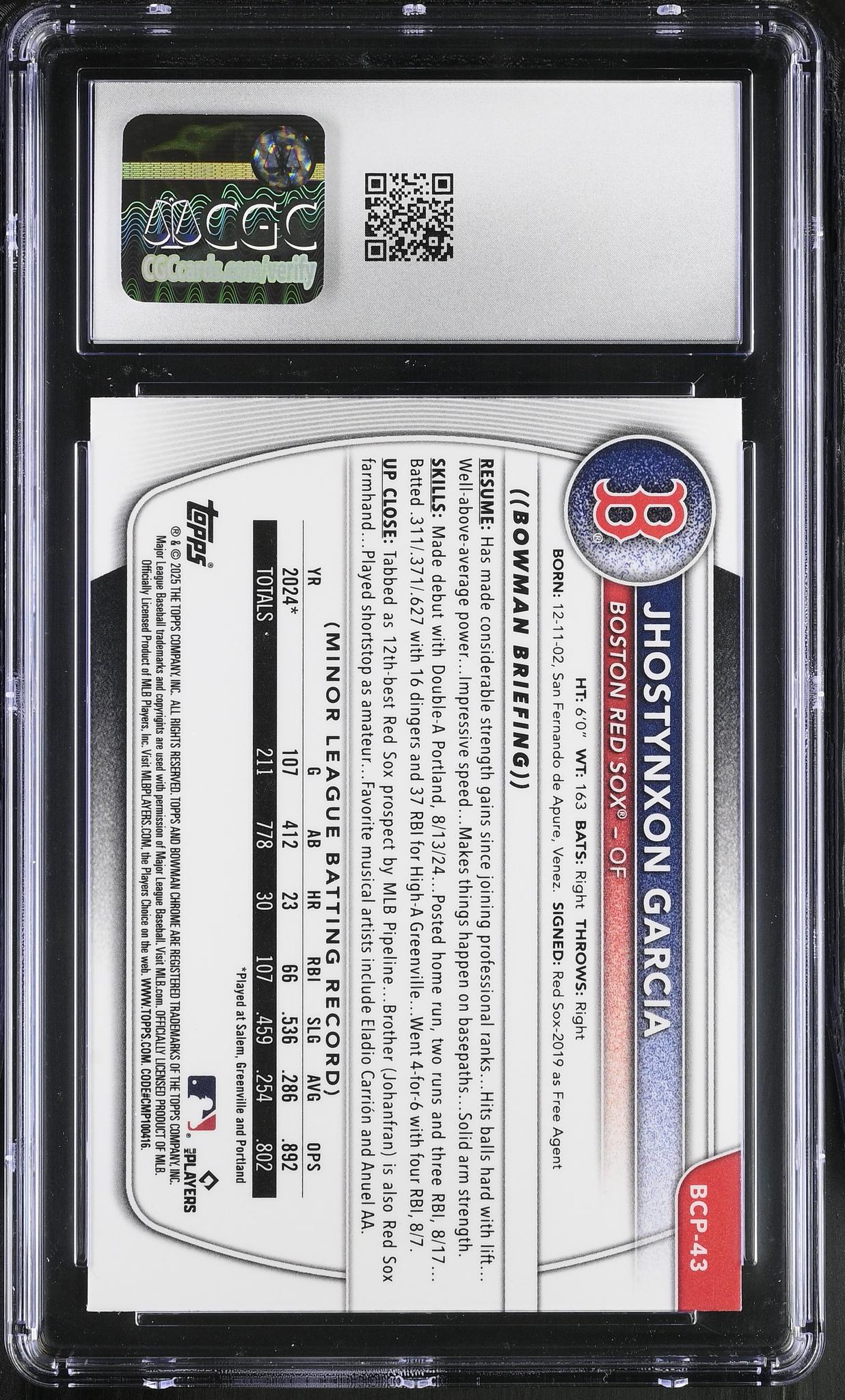 2025 Bowman #BCP-43 Jhostynxon Garcia Chrome Prospects /100 CGC 9 - Image 2